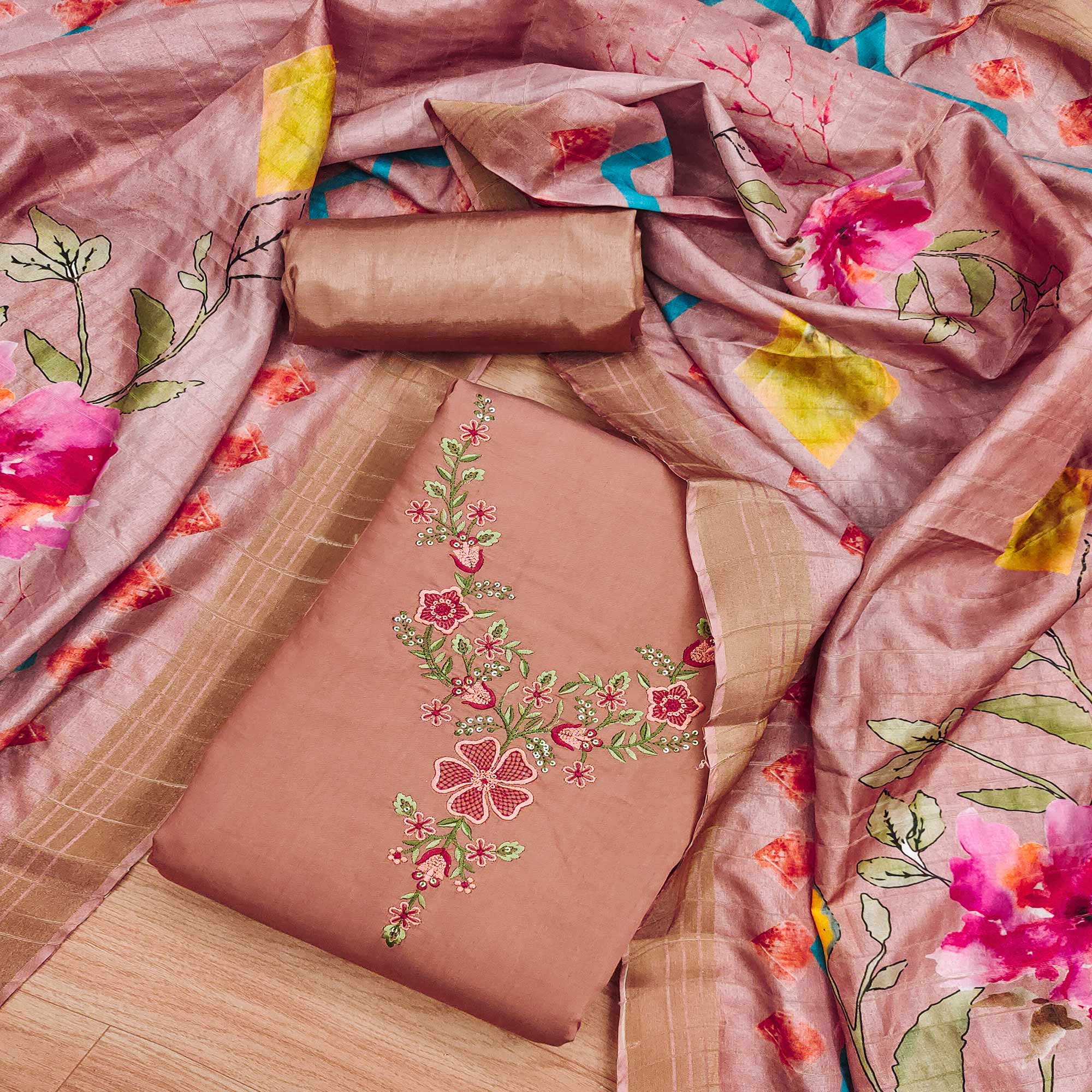 Peach Embroidered Chanderi Silk Dress Material