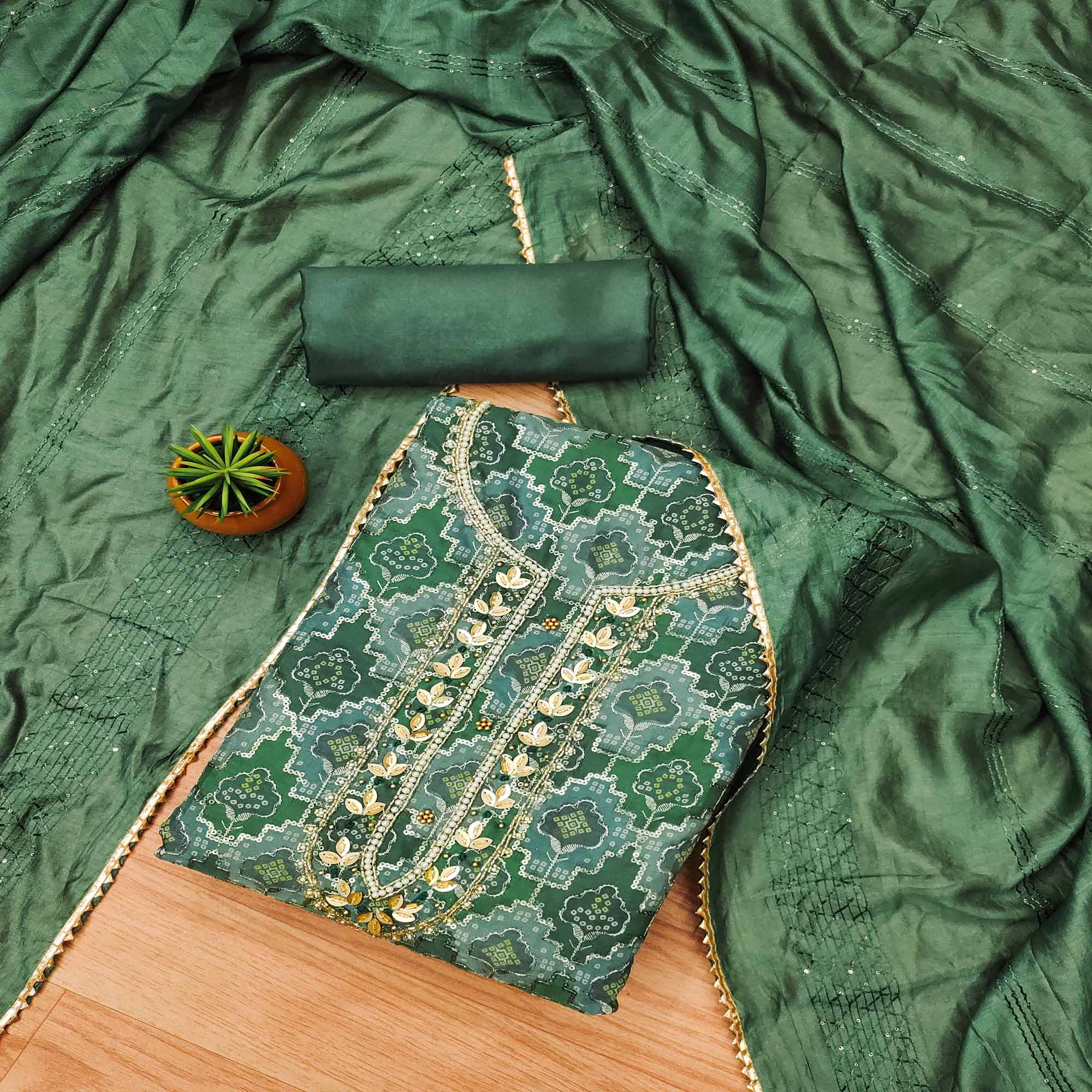 Green Sequins Embroidered With Printed Organza Dress Material