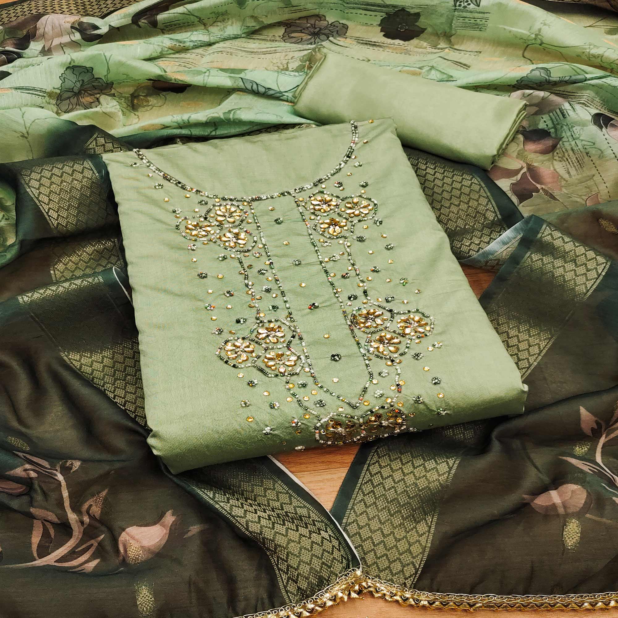 Green Floral Handwork Cotton Silk Dress Material