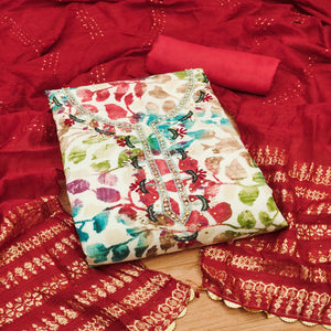 Maroon Floral Foil Printed With Handwork Modal Cotton Silk Dress Material