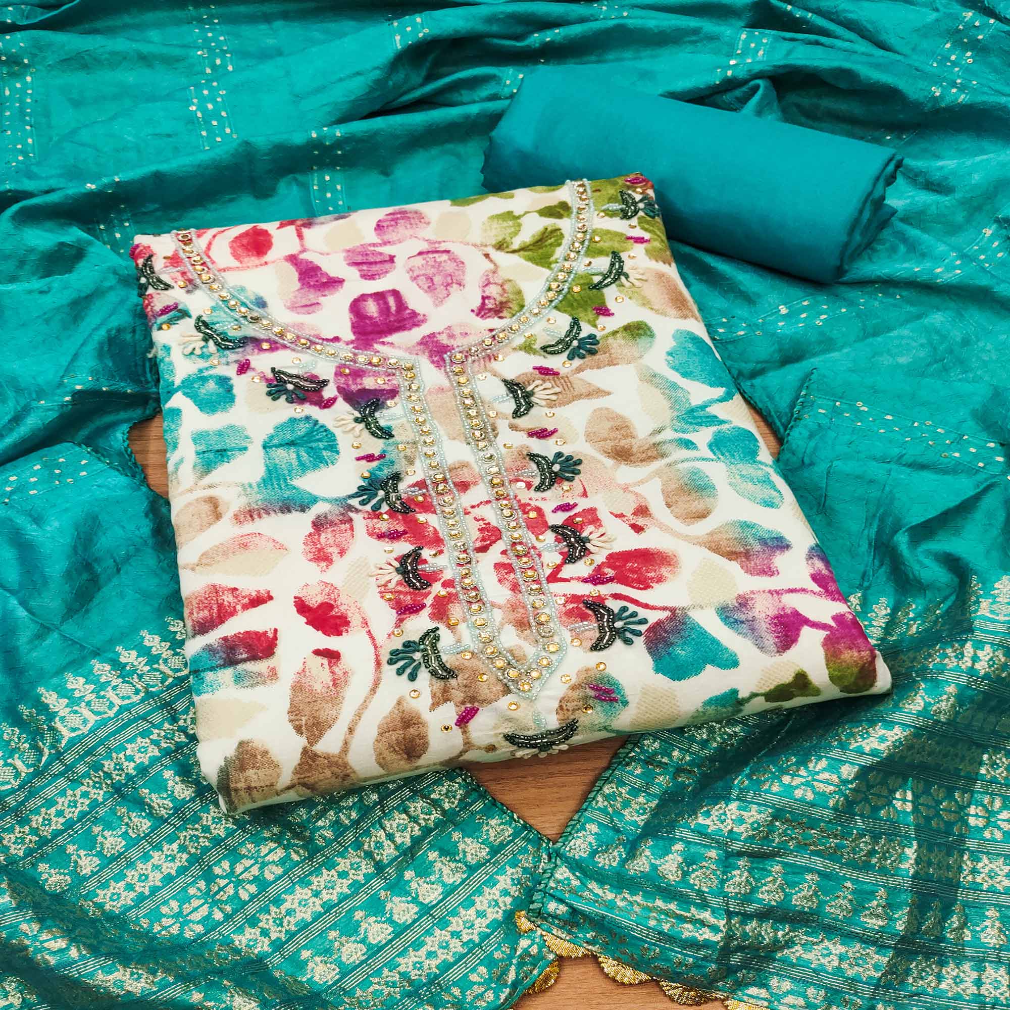 Rama Blue Floral Foil Printed With Handwork Modal Cotton Silk Dress Material