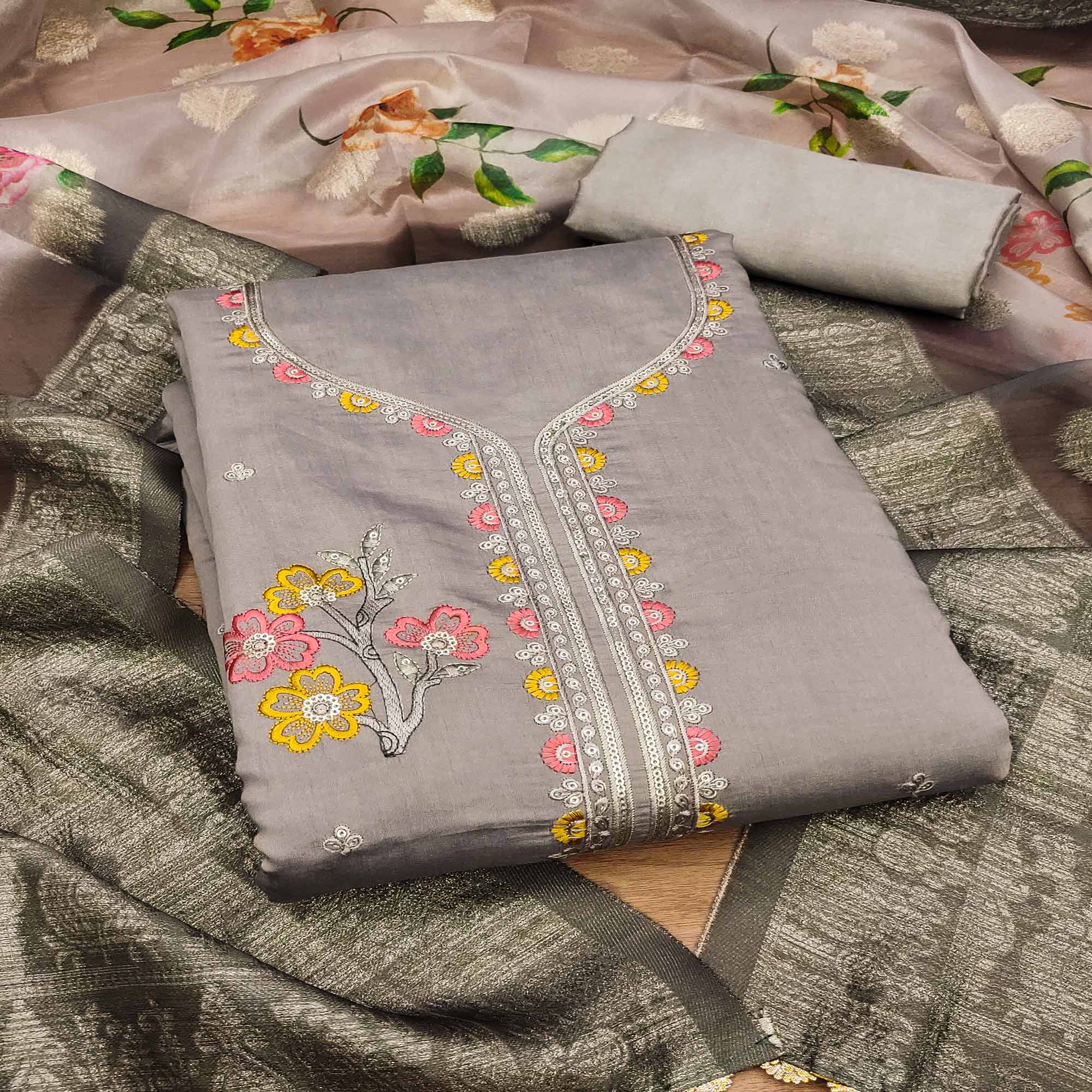 Grey Floral Sequins Embroidered Cotton Roman Silk Dress Material