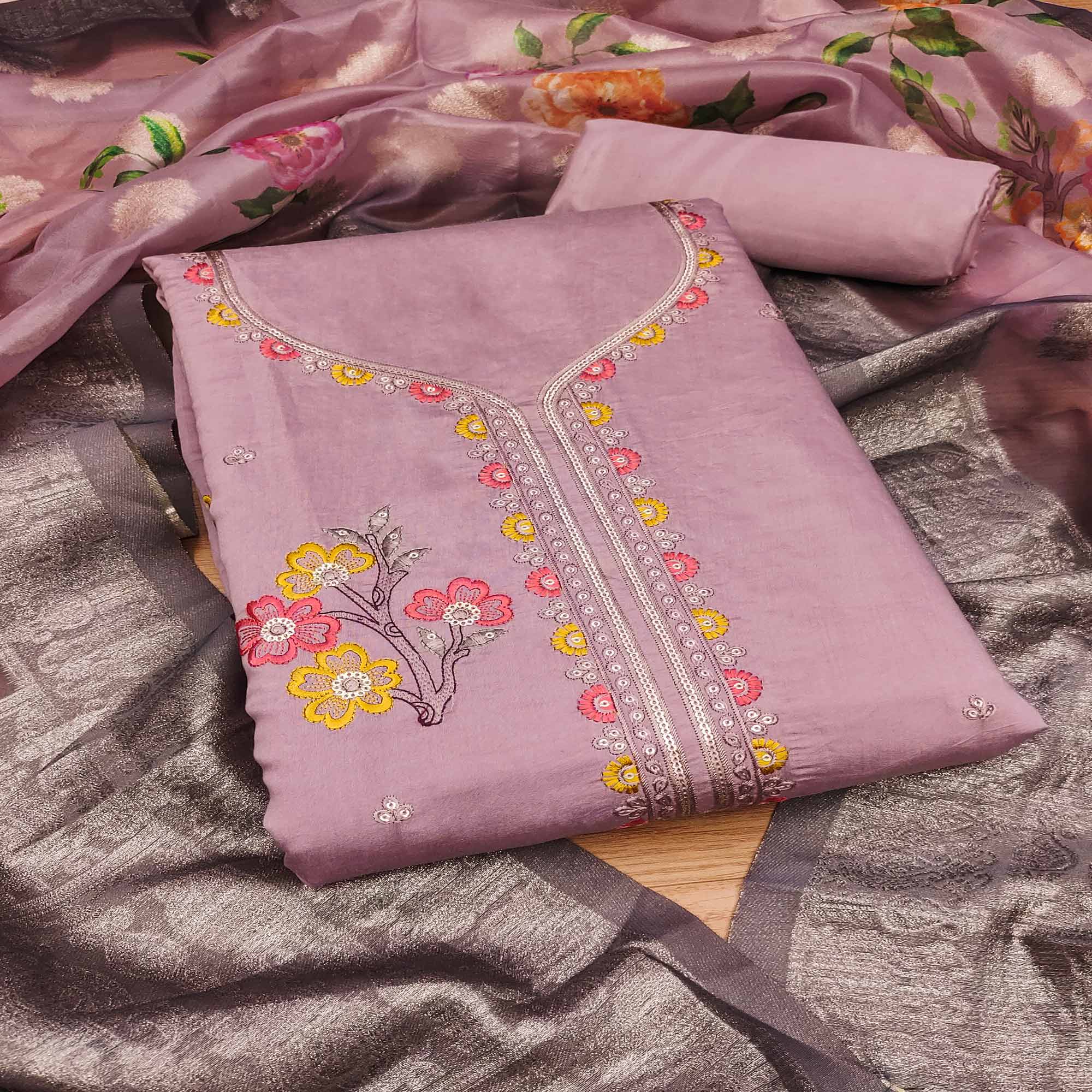 Onion Pink Floral Sequins Embroidered Cotton Roman Silk Dress Material