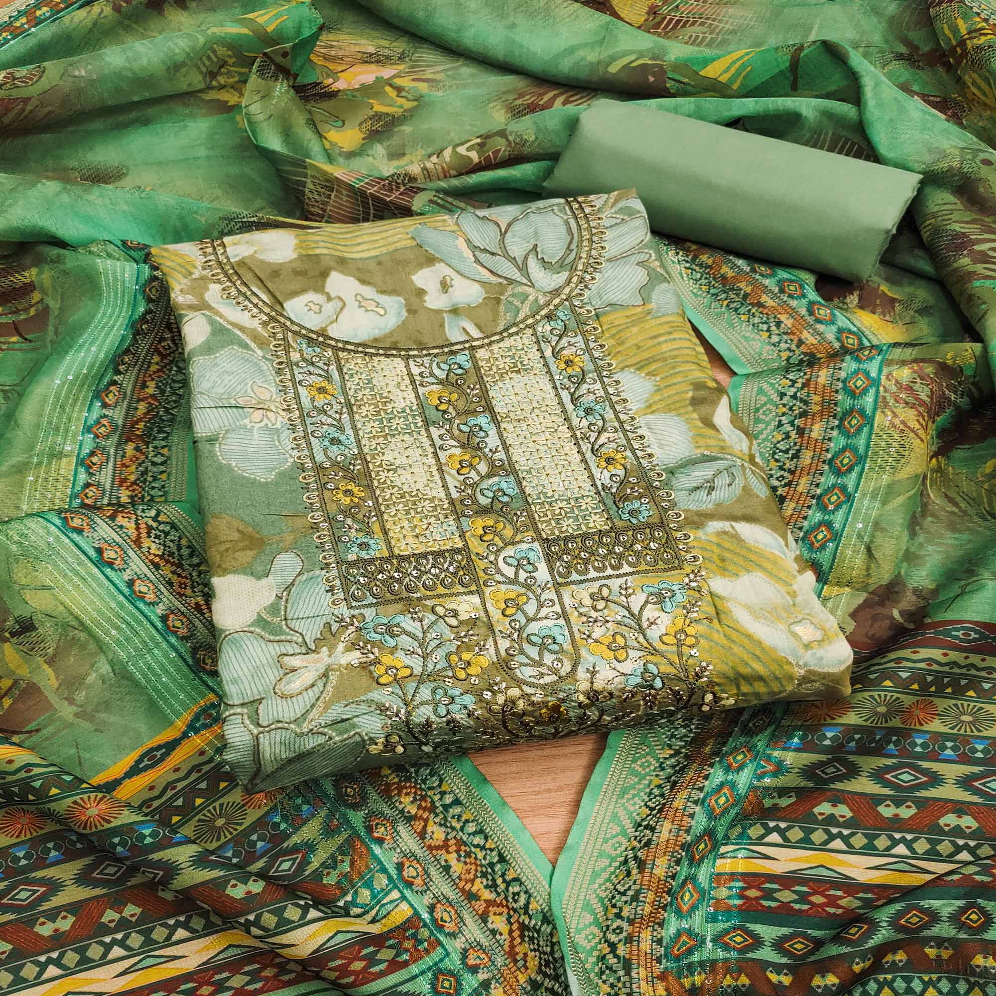 Green Floral Foil Printed With Embroidery Modal Cotton Silk Dress Material