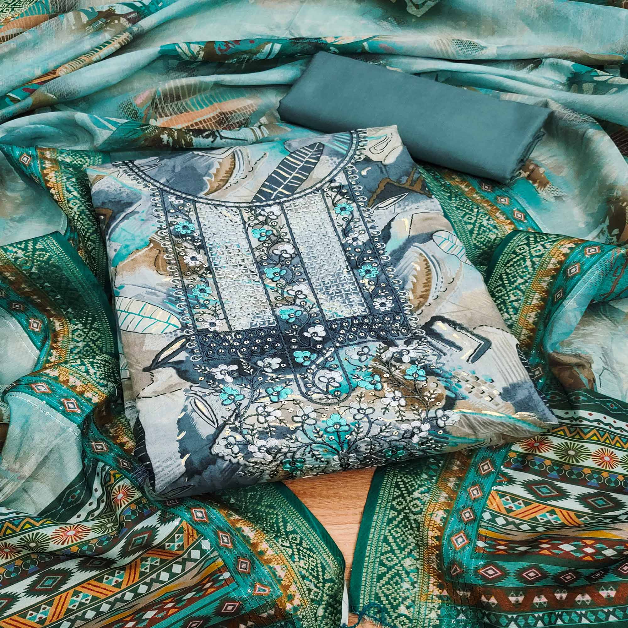 Rama Blue Floral Foil Printed With Embroidery Modal Cotton Silk Dress Material