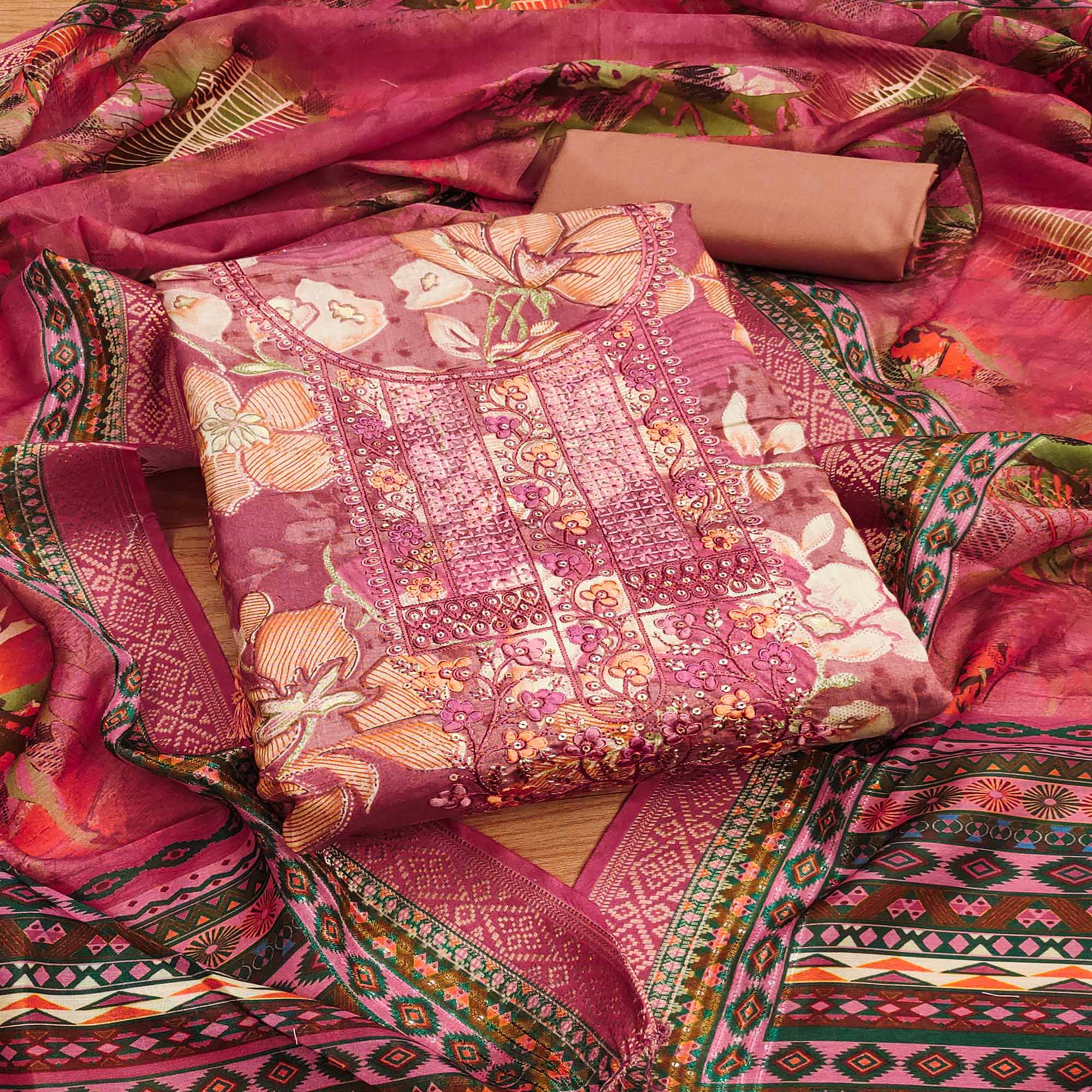 Pink Floral Foil Printed With Embroidery Modal Cotton Silk Dress Material