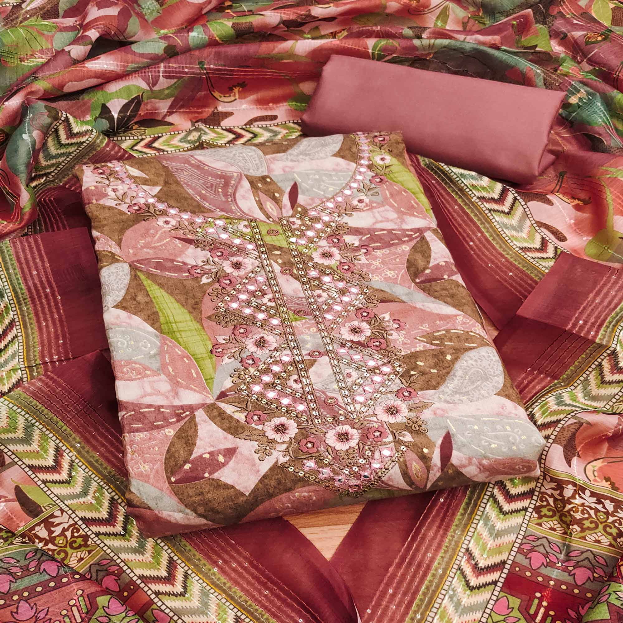 Peach Floral Foil Printed With Embroidery Modal Cotton Silk Dress Material