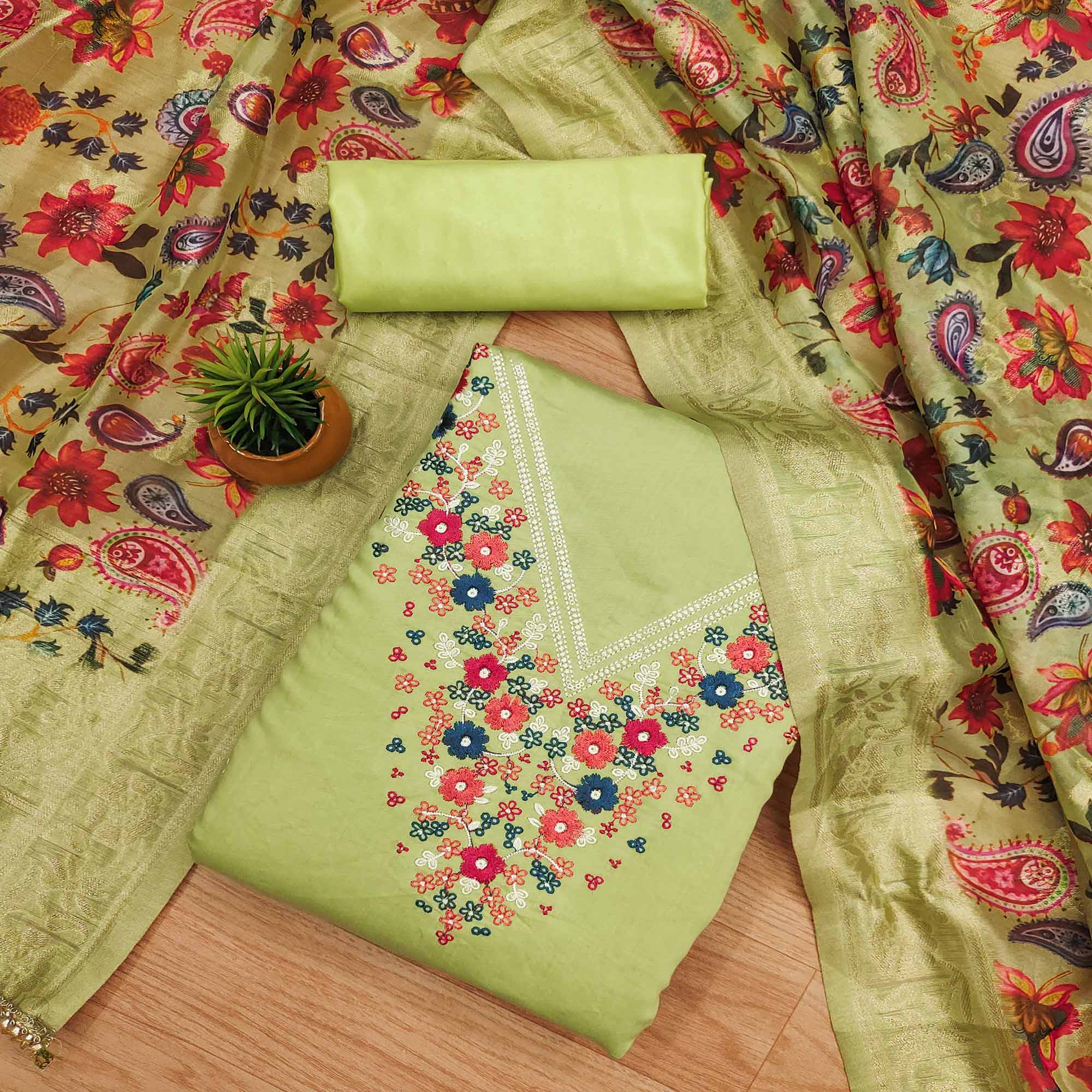 Green Floral Embroidered Roman Cottom Silk Dress Material