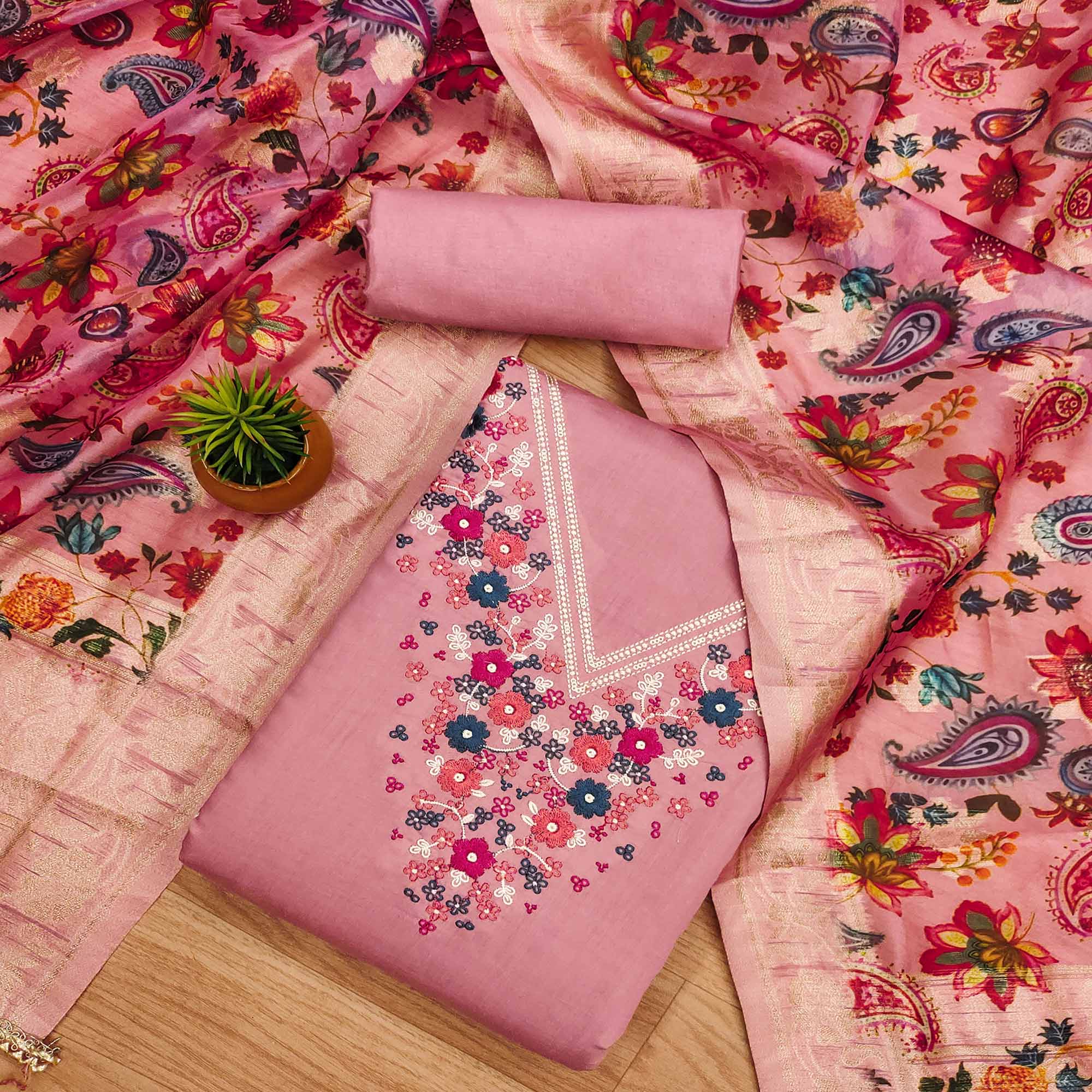 Peach Floral Embroidered Roman Cottom Silk Dress Material