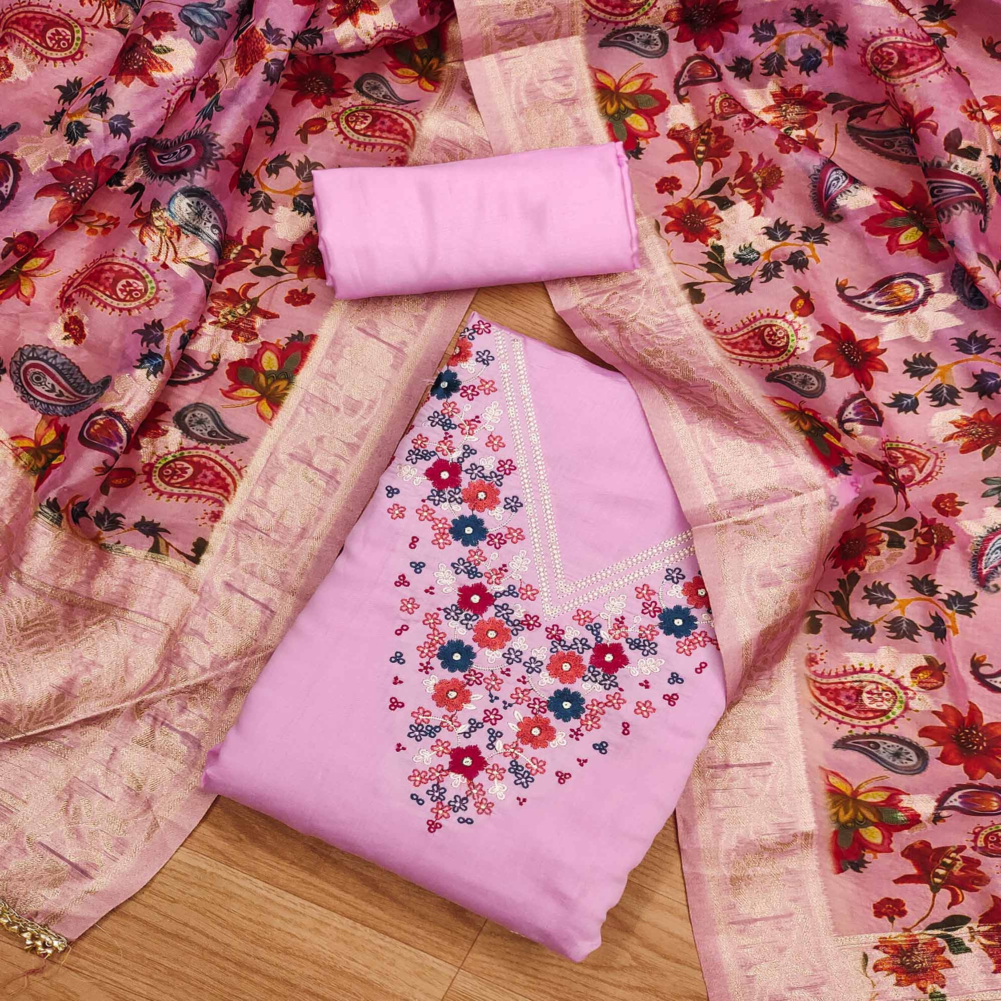 Pink Floral Embroidered Roman Cottom Silk Dress Material