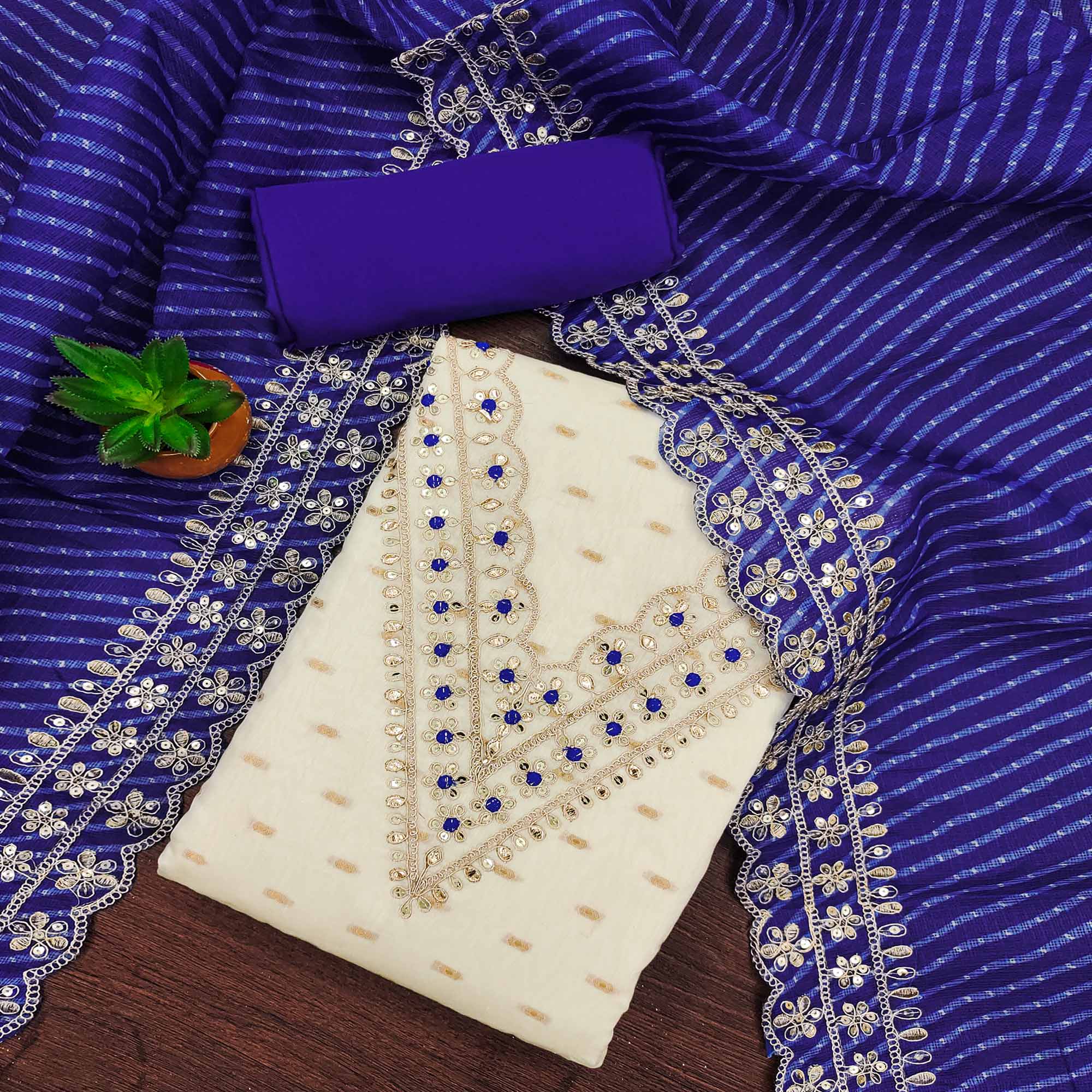 Off White & Blue Embroidered Chanderi Dress Material