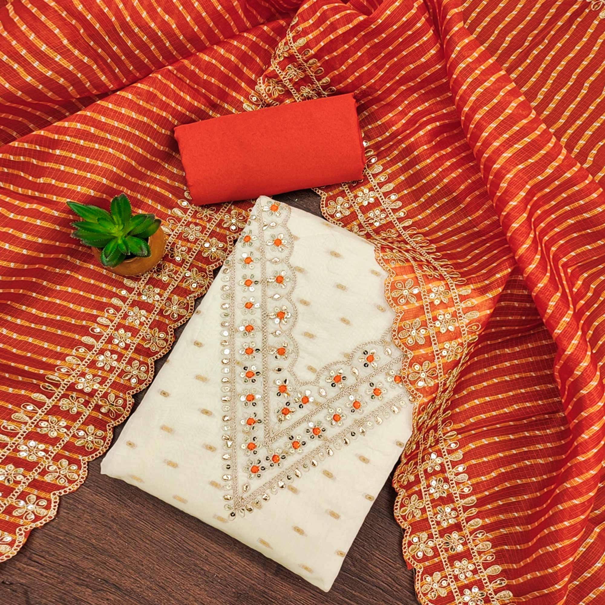 Off White & Orange Embroidered Chanderi Dress Material