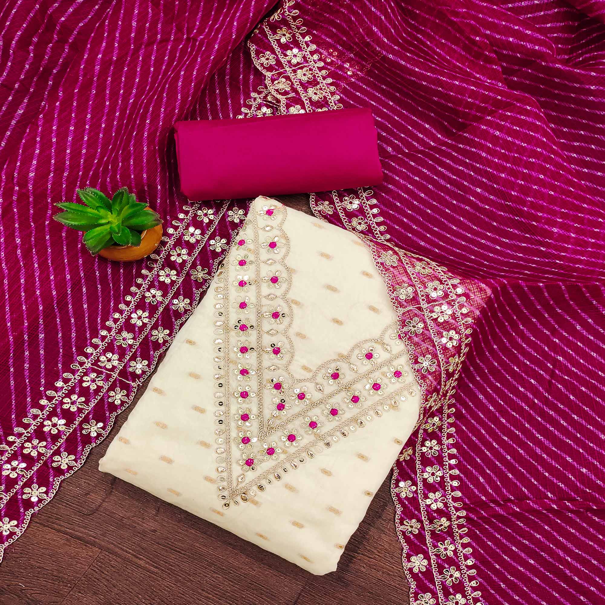 Off White & Pink Embroidered Chanderi Dress Material