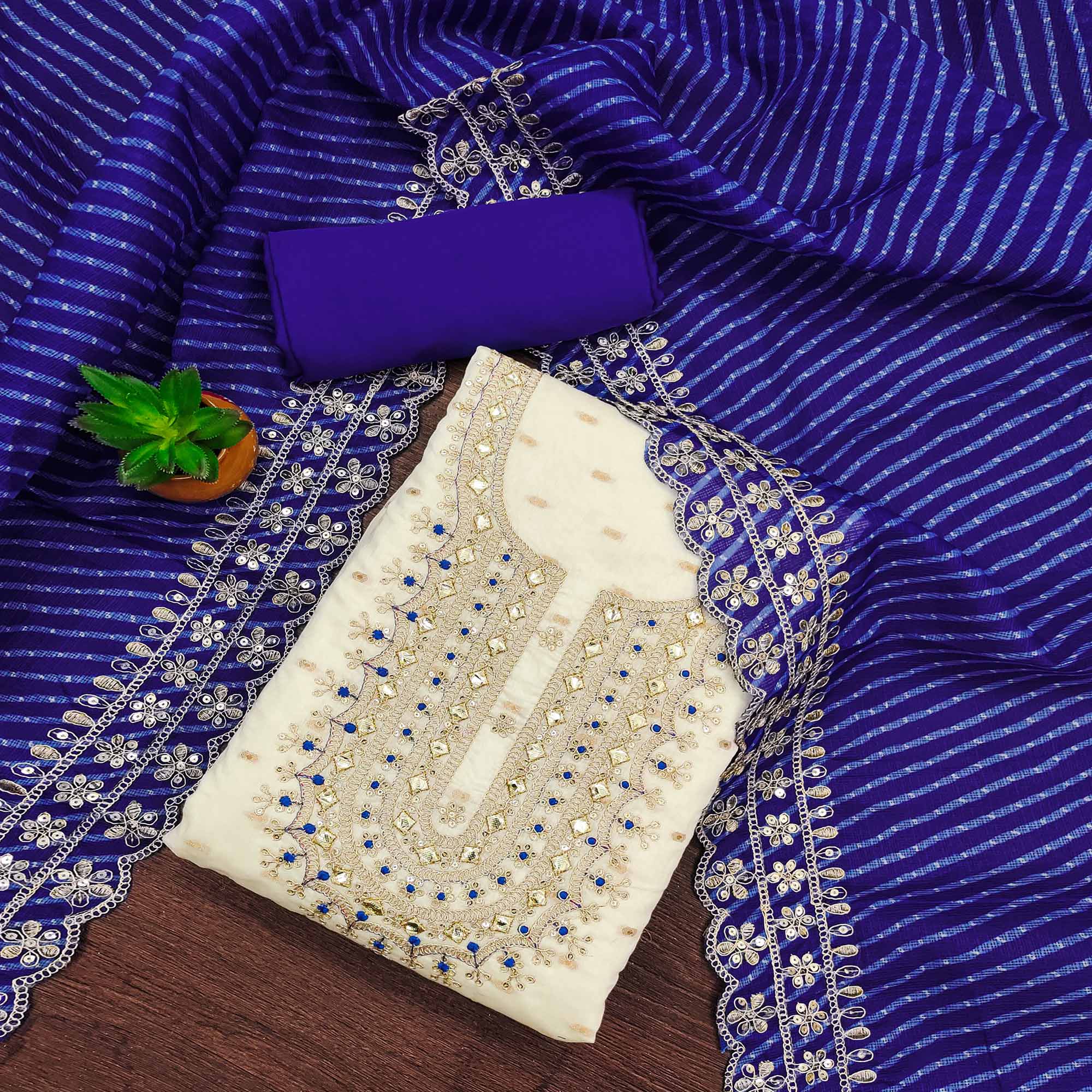 Off White & Blue Embroidered Chanderi Dress Material