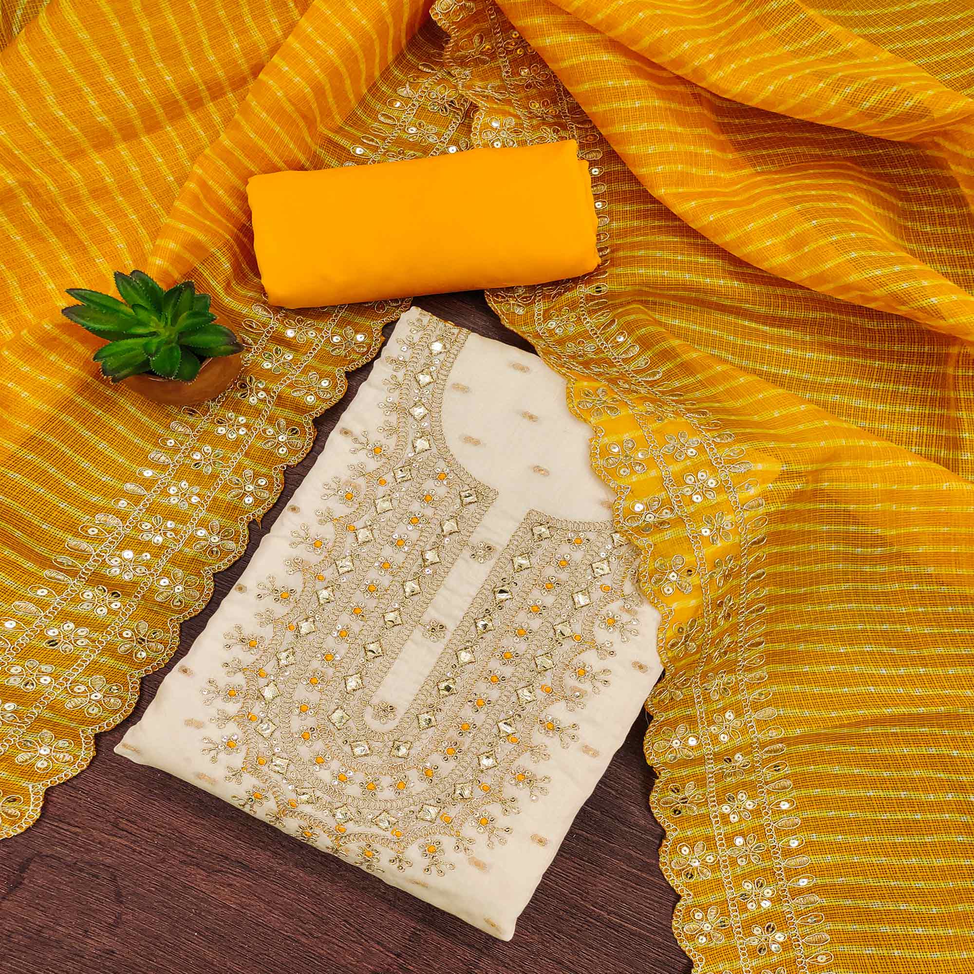 Off White & Yellow Embroidered Chanderi Dress Material
