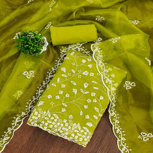 Parrot Green Floral Sequins Embroidered Organza Dress Material