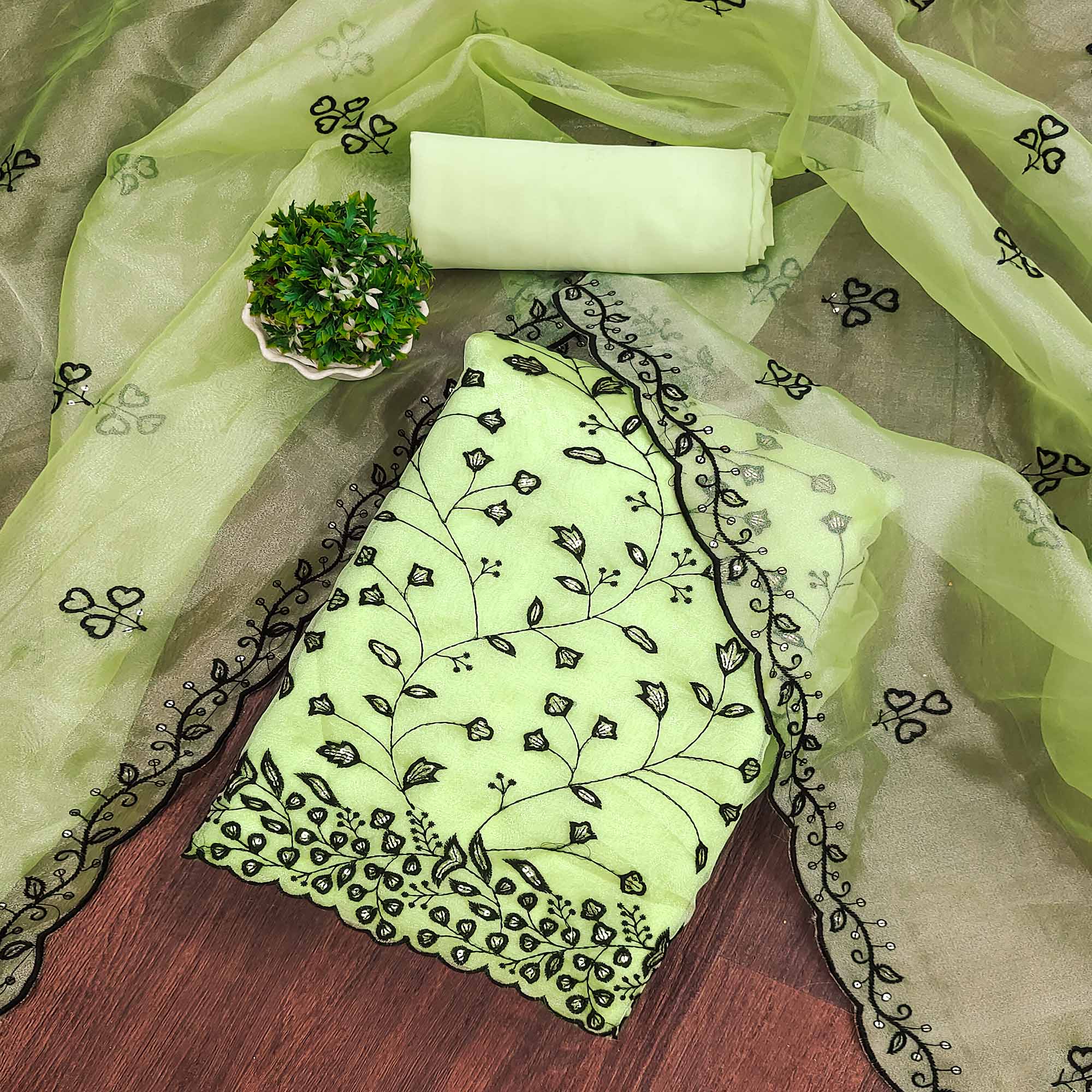 Pista Green Floral Sequins Embroidered Organza Dress Material