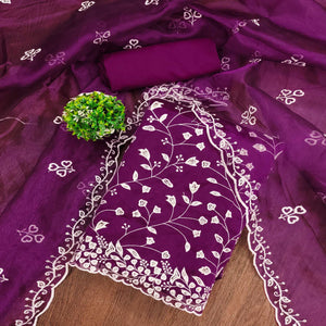 Wine Floral Sequins Embroidered Organza Dress Material