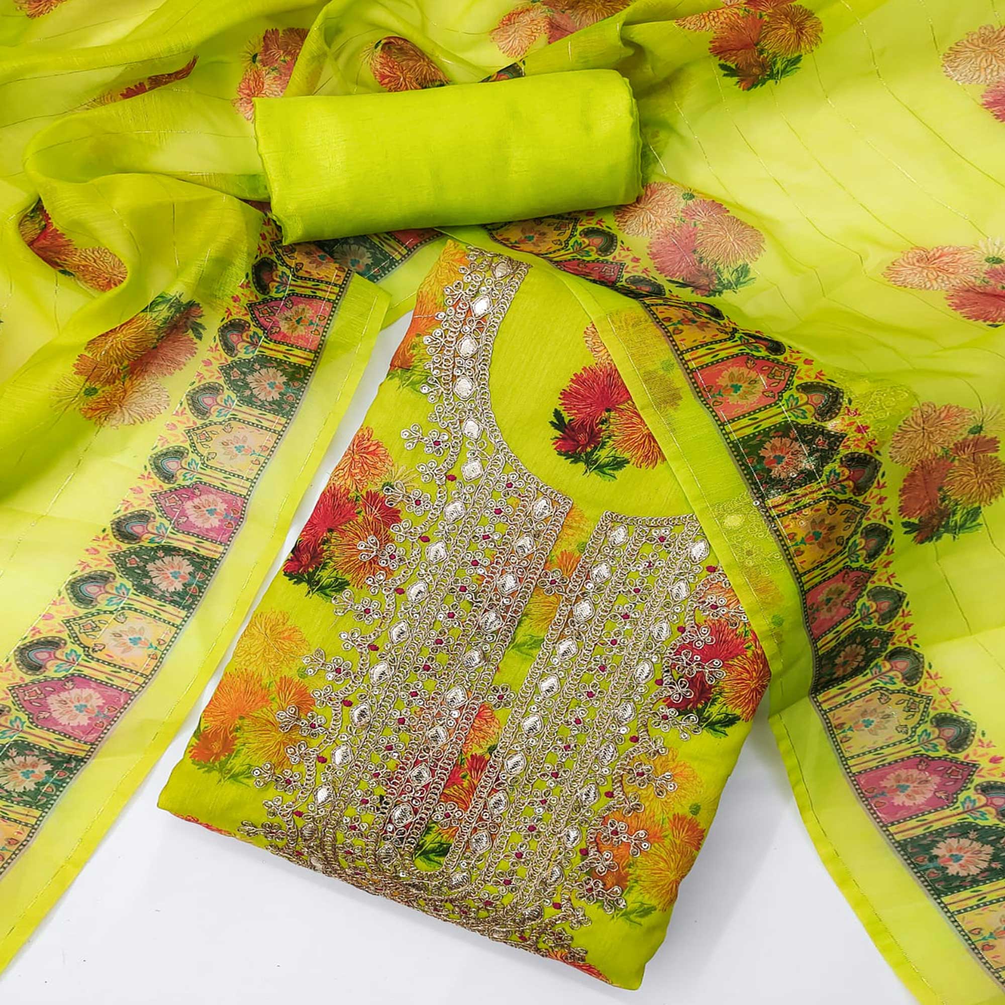 Green Floral Digital Printed With Sequins Embroidery Georgette Dress Material