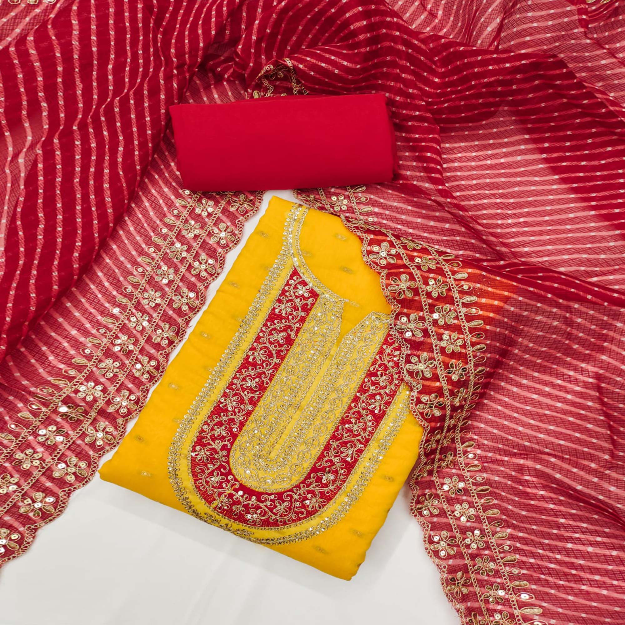 Yellow Woven With Sequins Embroidery Chanderi Dress Material