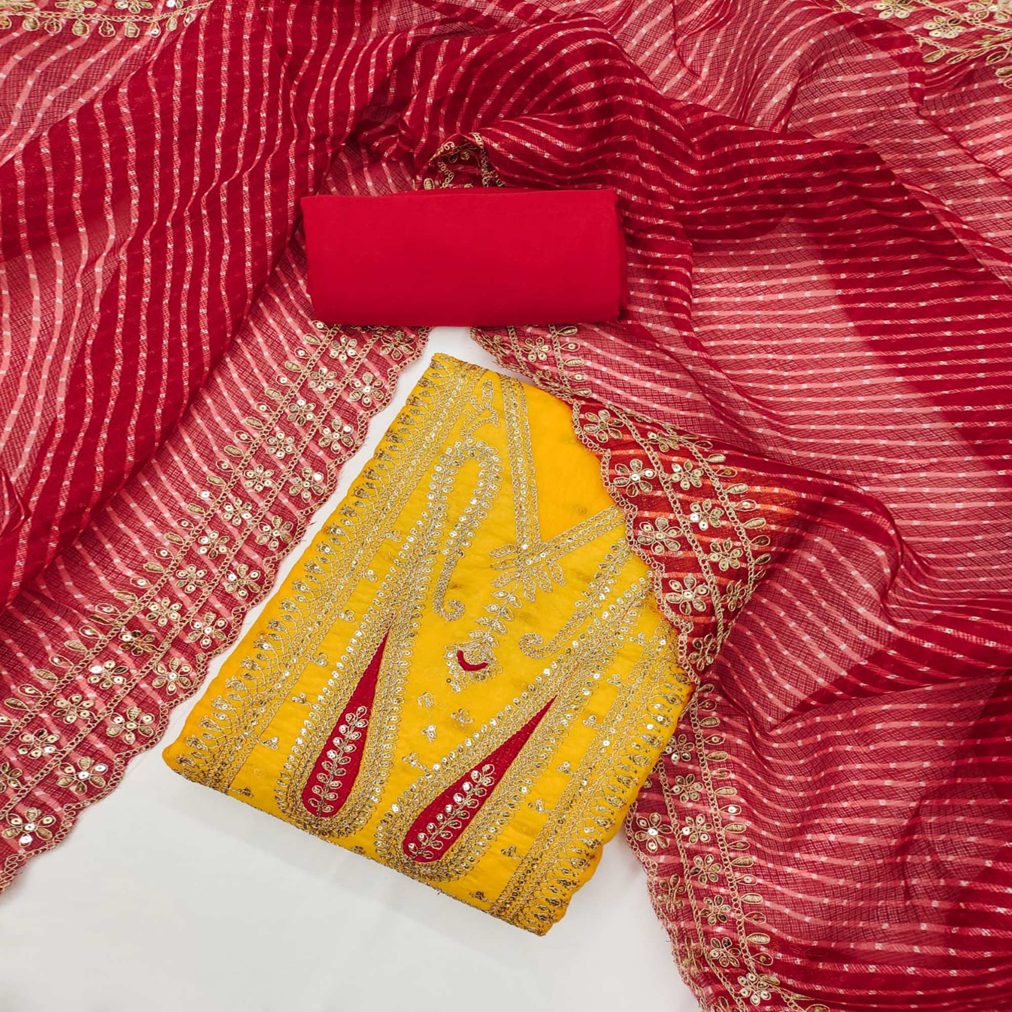 Yellow Woven With Sequins Embroidery Chanderi Dress Material