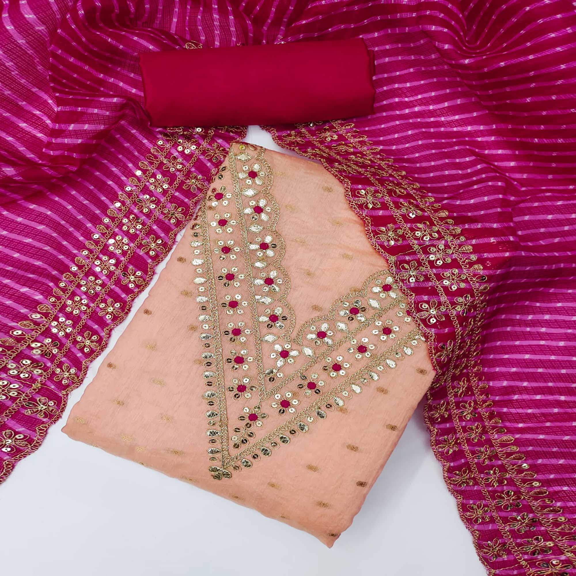 Peach Woven With Sequins Embroidery Chanderi Dress Material