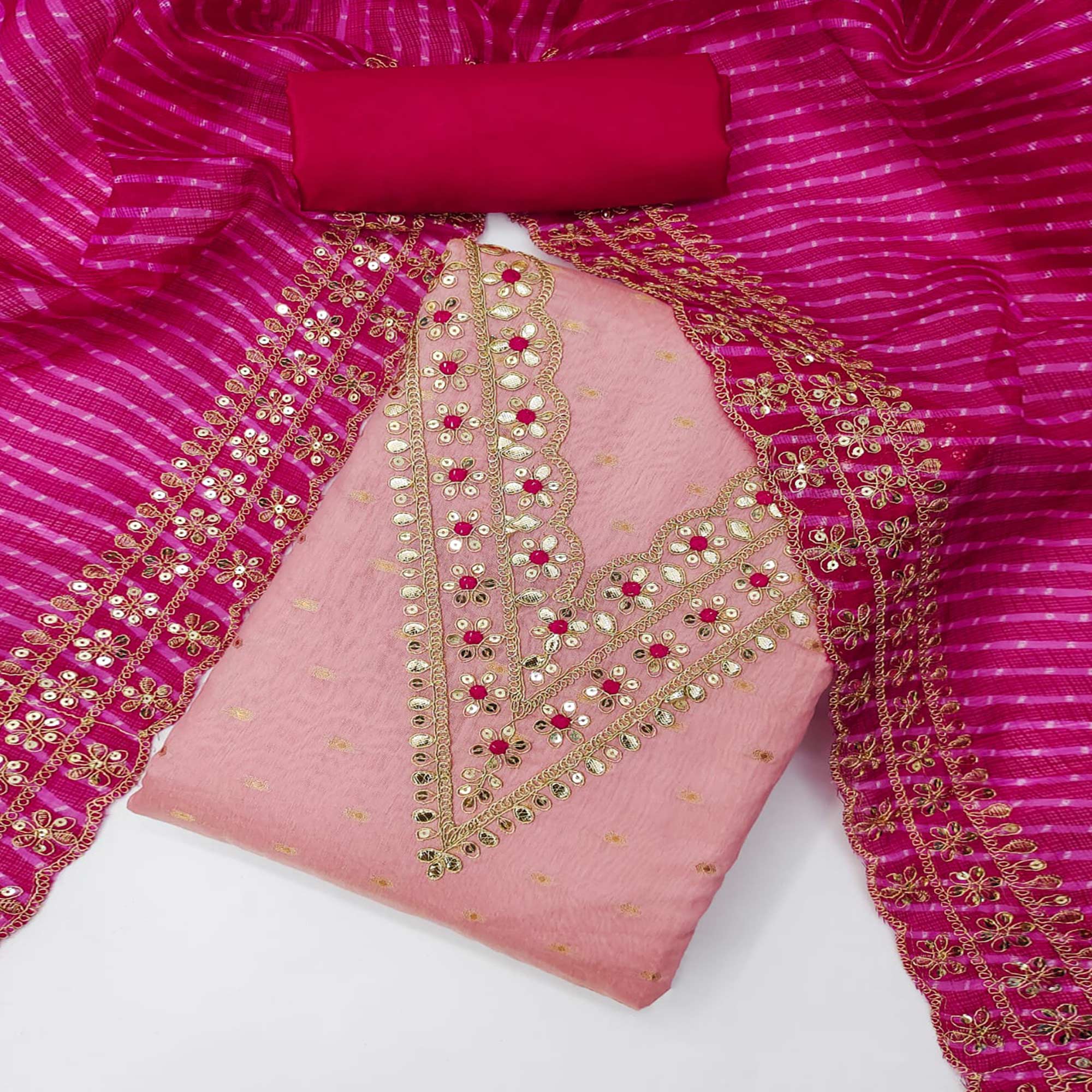 Pink Woven With Sequins Embroidery Chanderi Dress Material