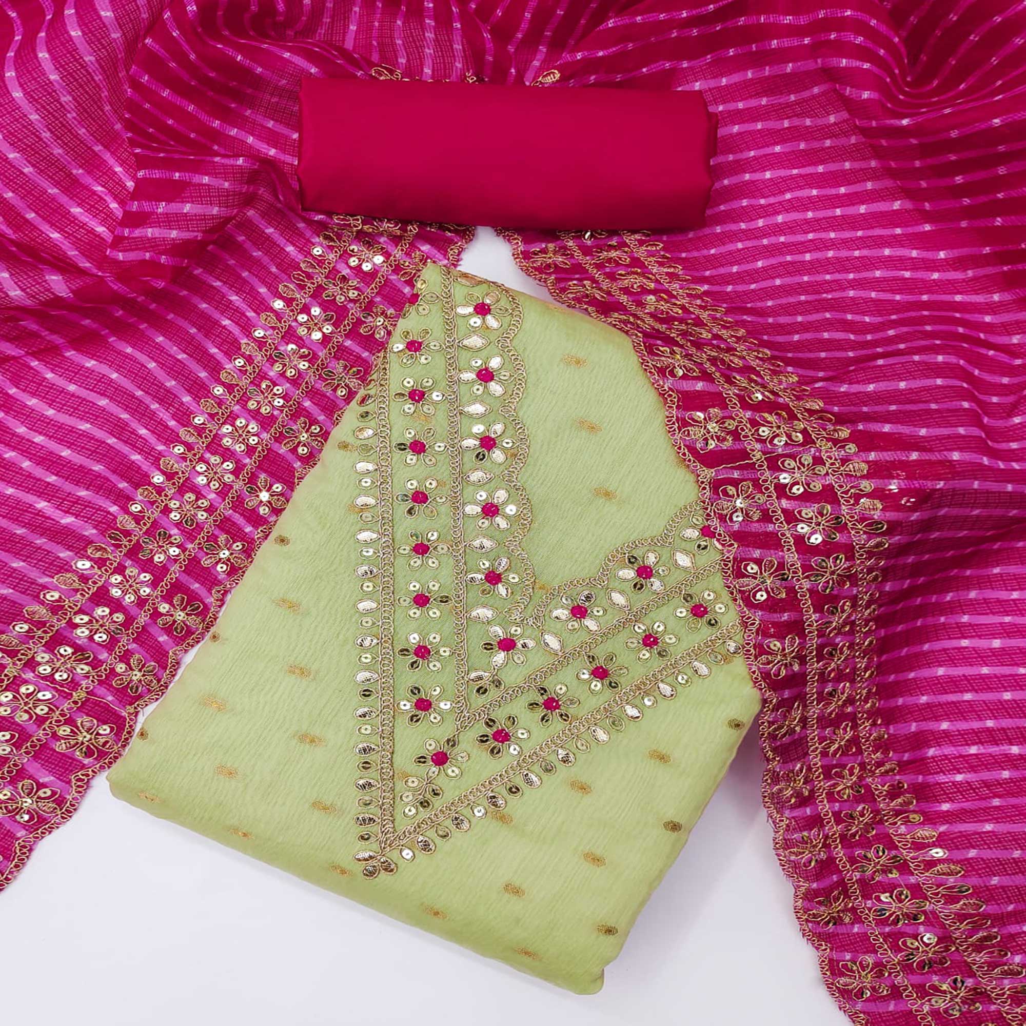 Pista Green Woven With Sequins Embroidery Chanderi Dress Material