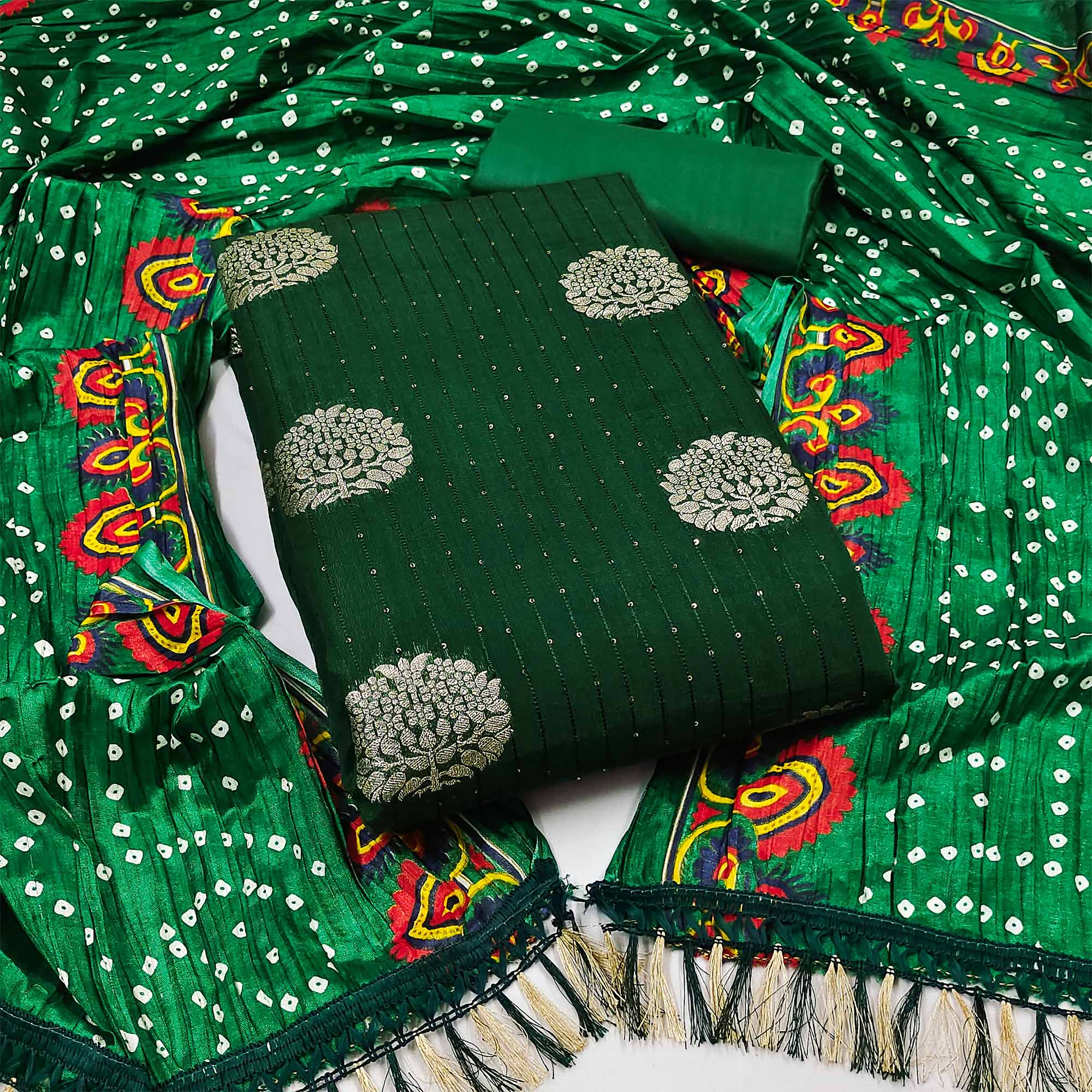 Green Sequins Embroidered With Woven Jacquard Dress Material