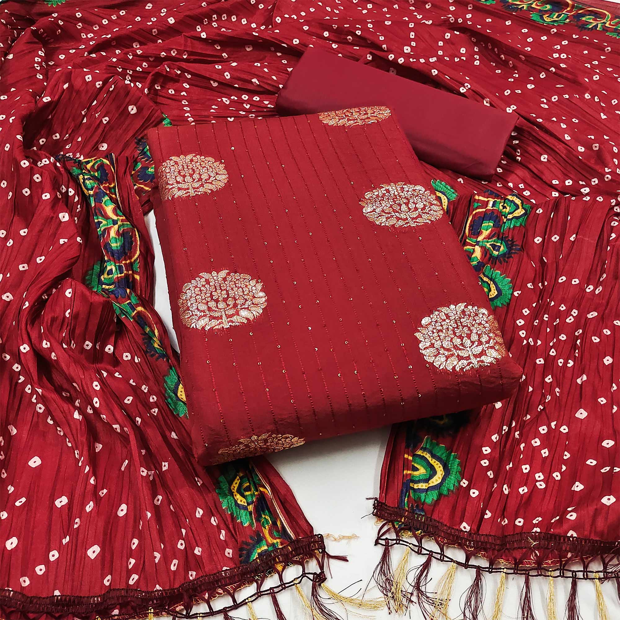 Maroon Sequins Embroidered With Woven Jacquard Dress Material