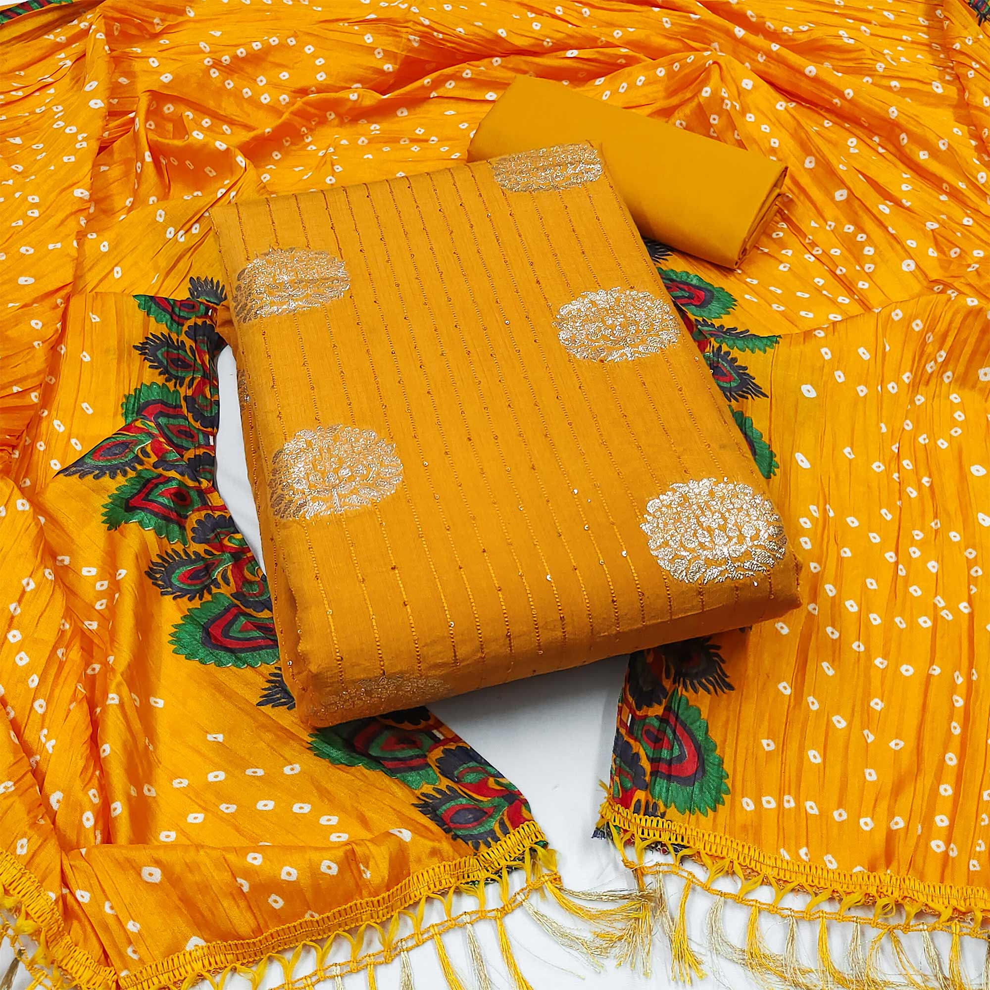 Mustard Sequins Embroidered With Woven Jacquard Dress Material