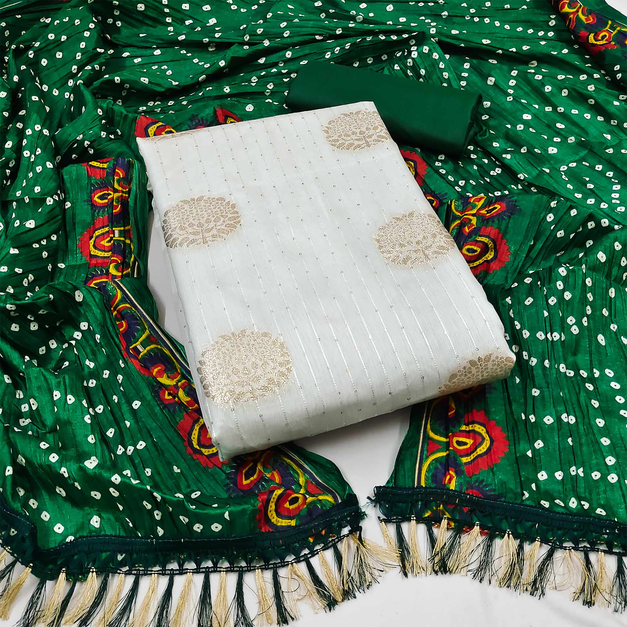 White & Green Sequins Embroidered With Woven Jacquard Dress Material