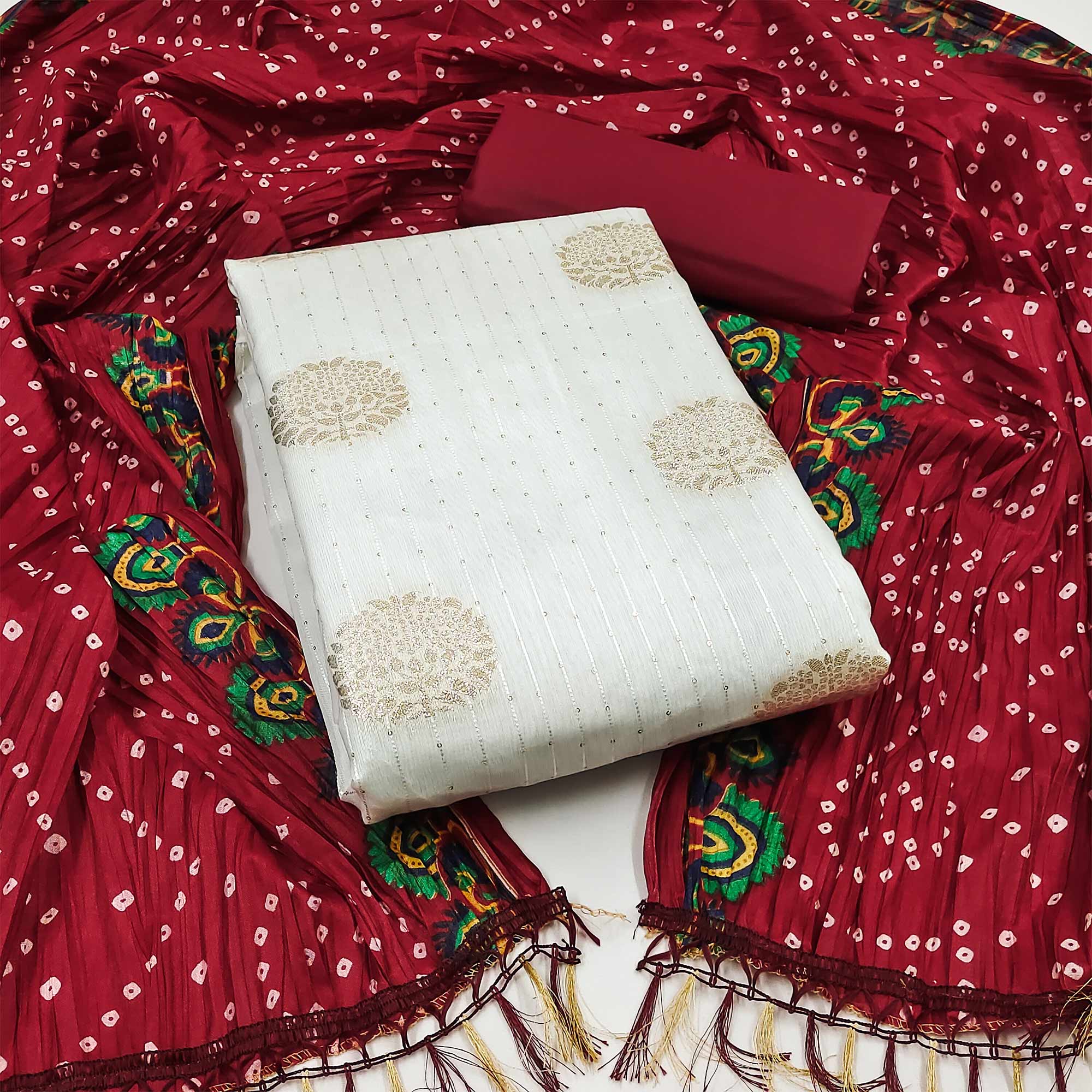 White & Maroon Sequins Embroidered With Woven Jacquard Dress Material