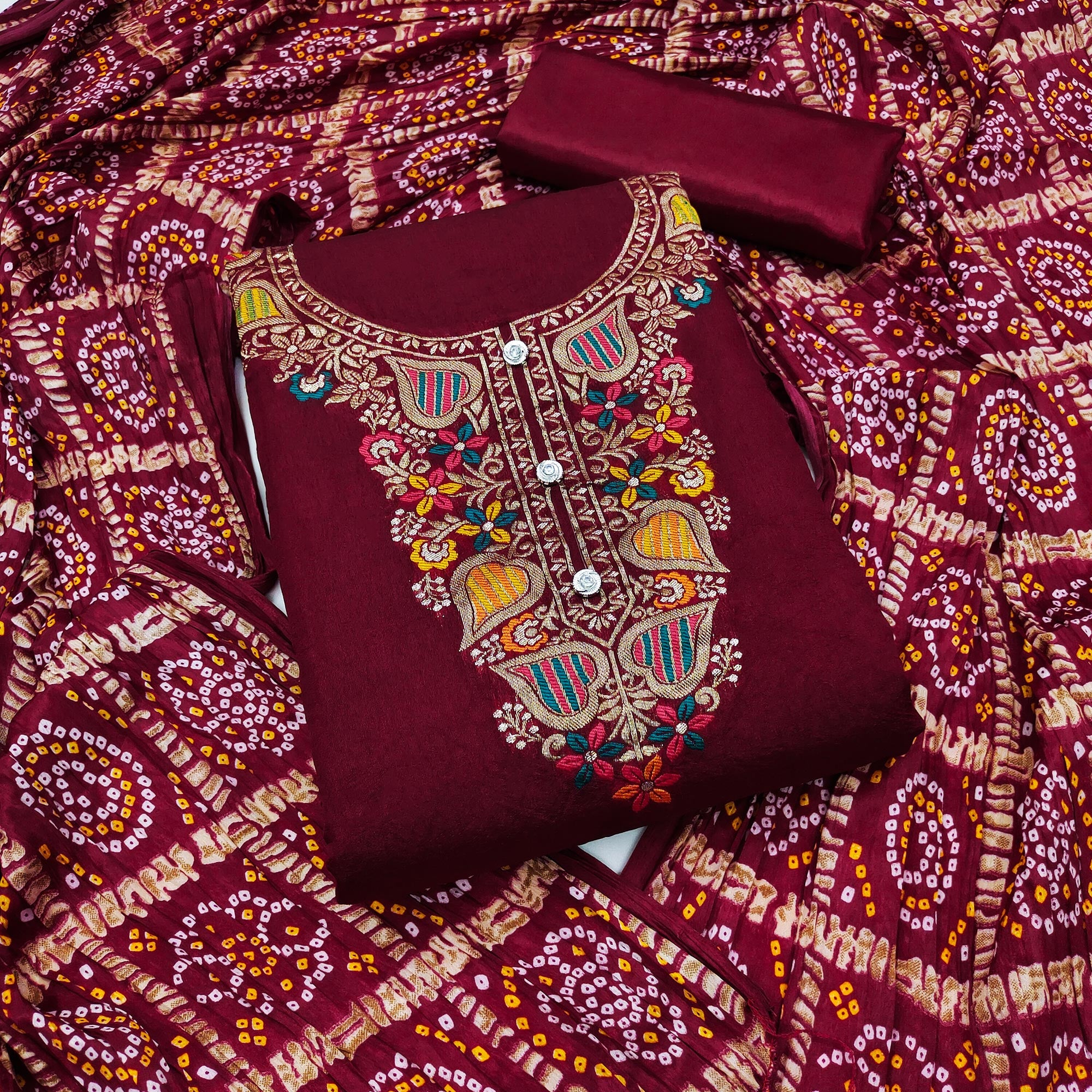 Maroon Floral Woven Chanderi Jacquard Dress Material