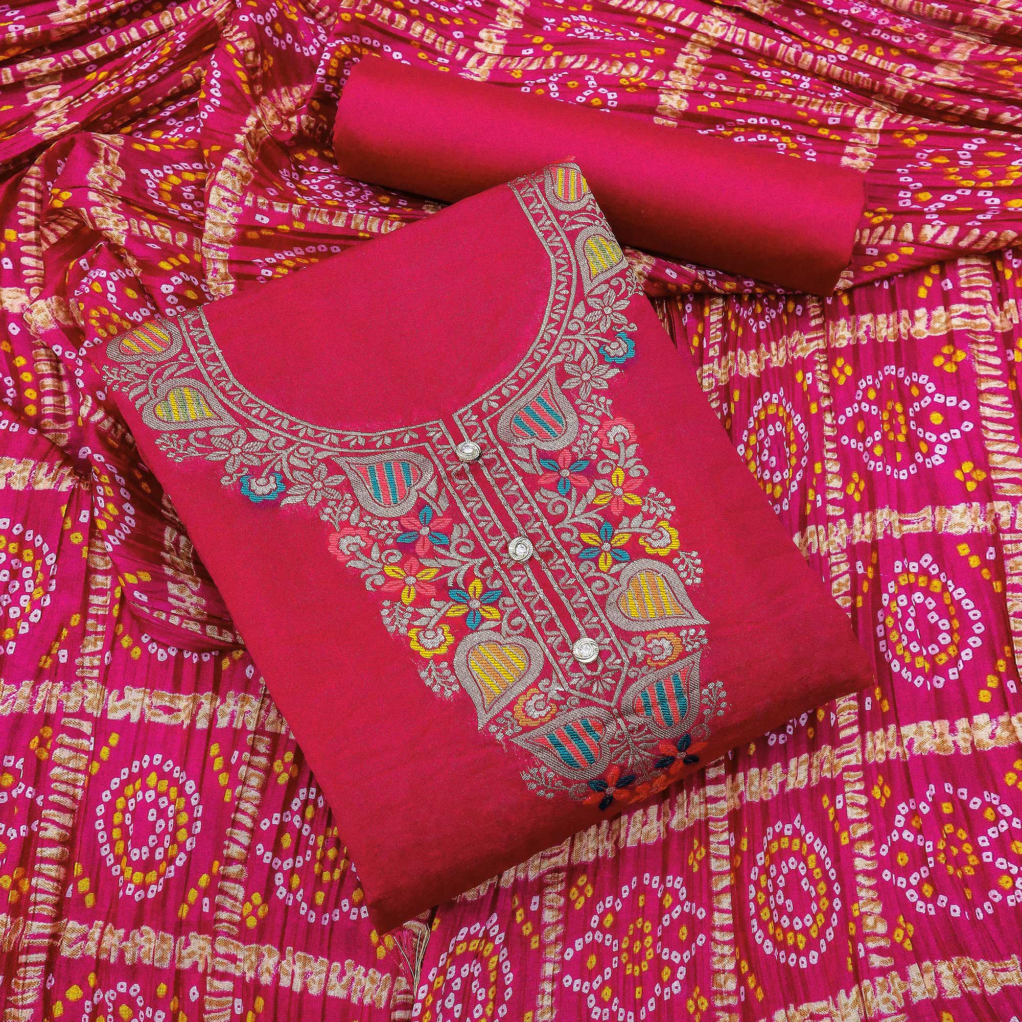 Rani Pink Floral Woven Chanderi Jacquard Dress Material