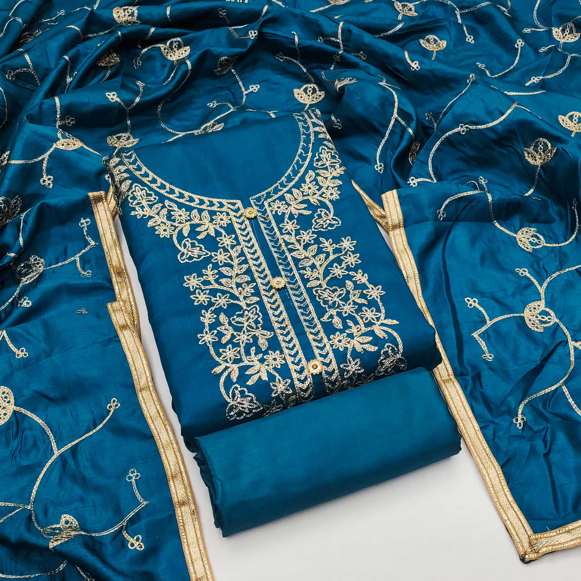 Blue Floral Embroidered Art Silk Dress Material