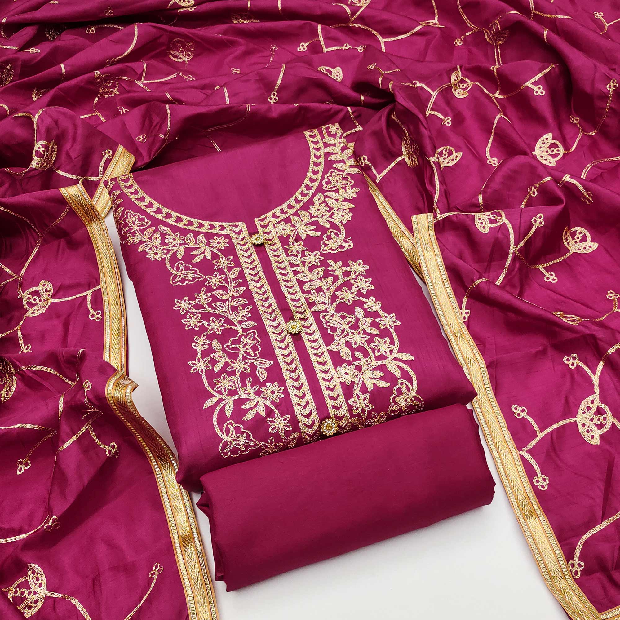 Rani Pink Floral Embroidered Art Silk Dress Material