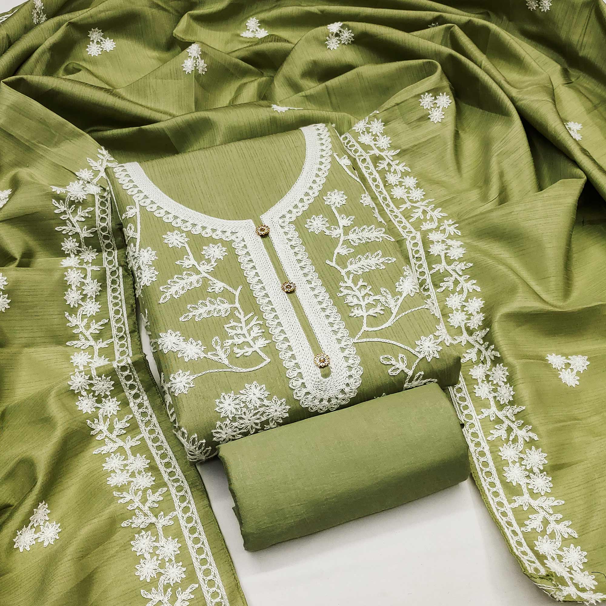 Green Floral Embroidered Art Silk Dress Material
