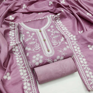 Onion Pink Floral Embroidered Art Silk Dress Material