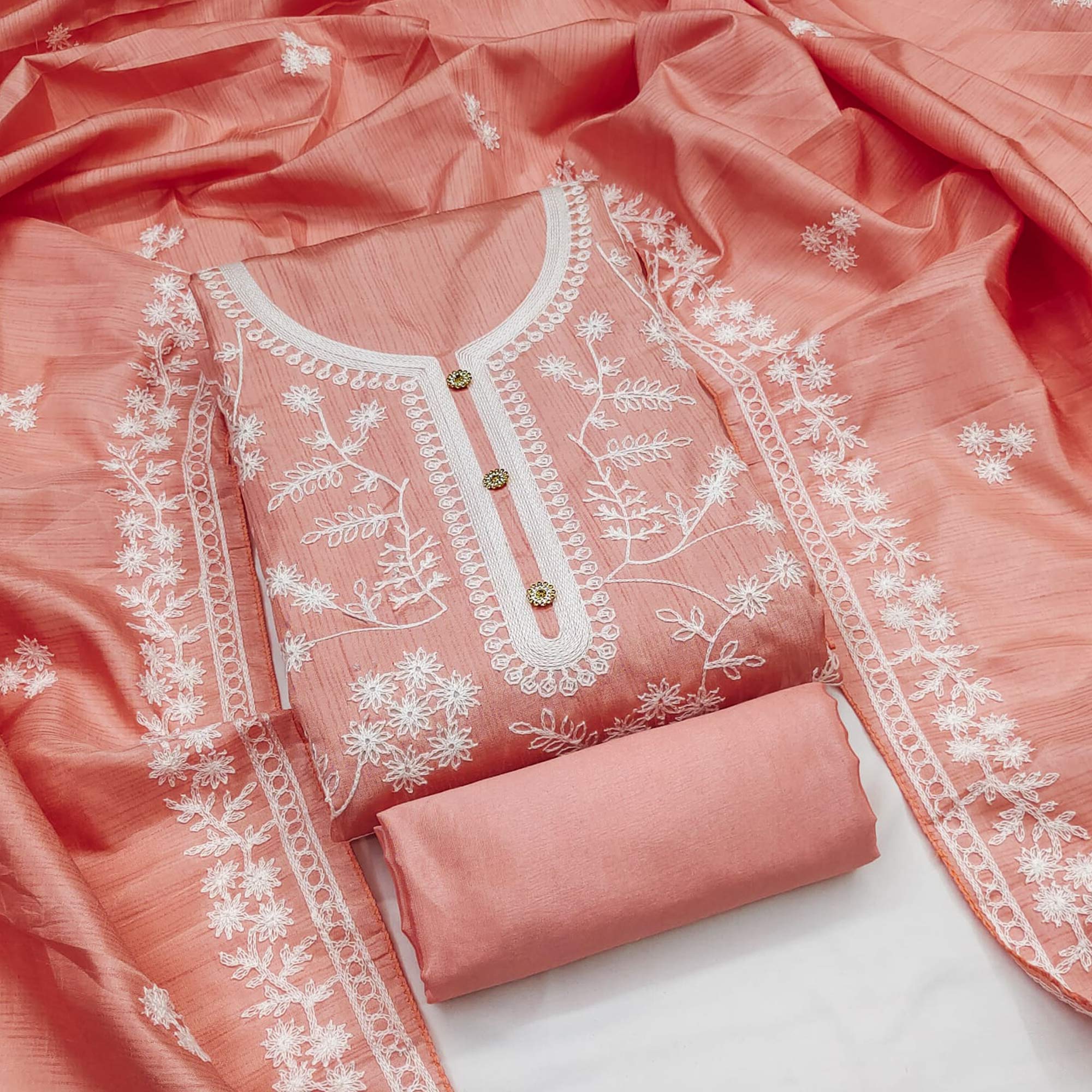 Peach Floral Embroidered Art Silk Dress Material