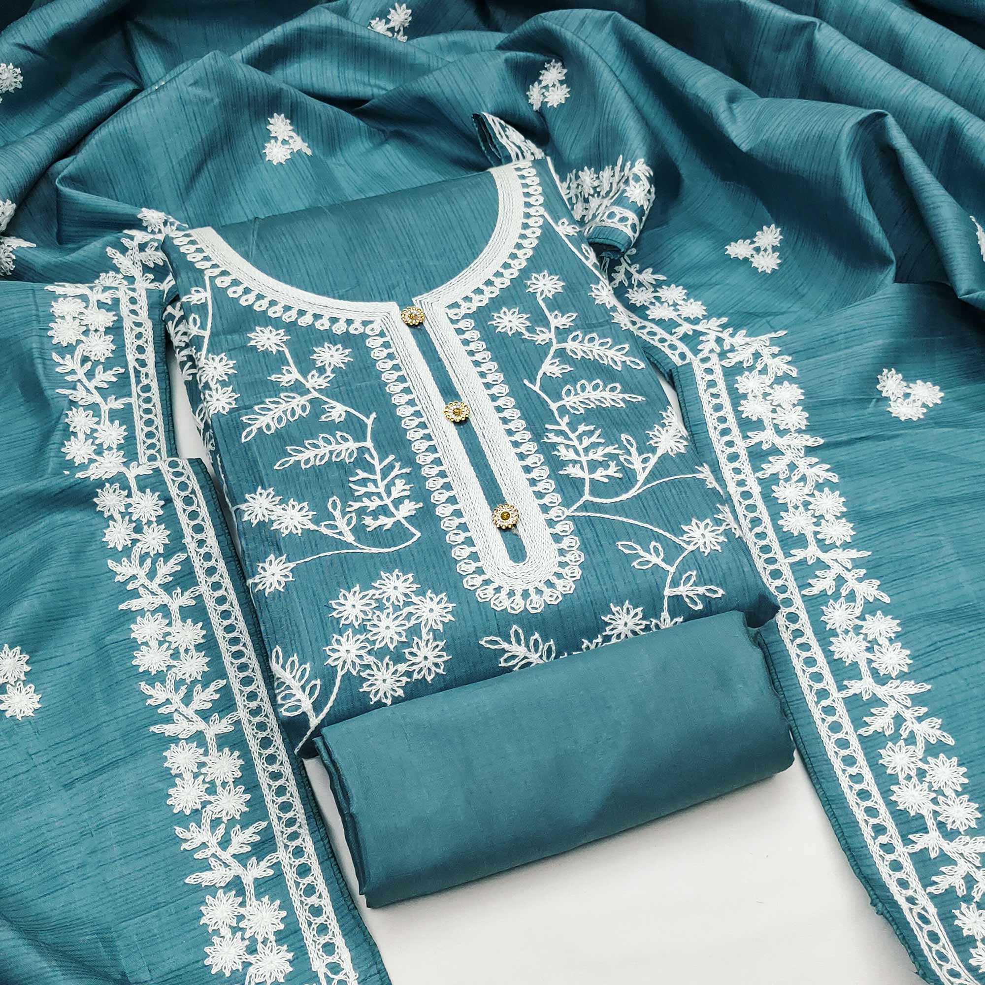 Rama Blue Floral Embroidered Art Silk Dress Material