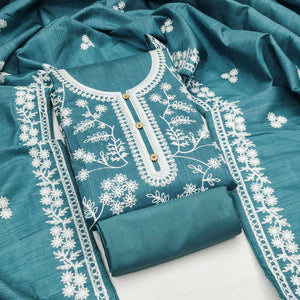 Rama Blue Floral Embroidered Art Silk Dress Material