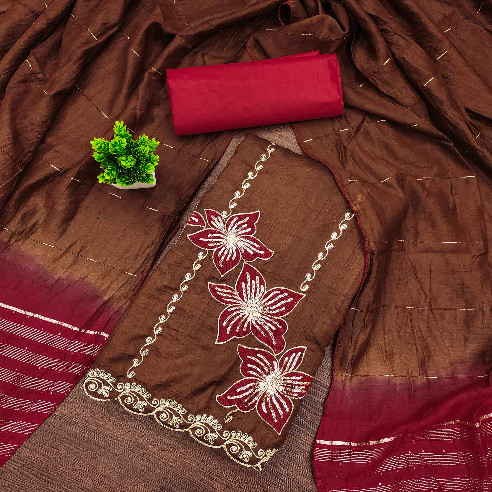 Brown Floral Sequins Embroidered Art Silk Dress Material