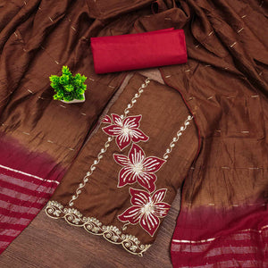 Brown Floral Sequins Embroidered Art Silk Dress Material