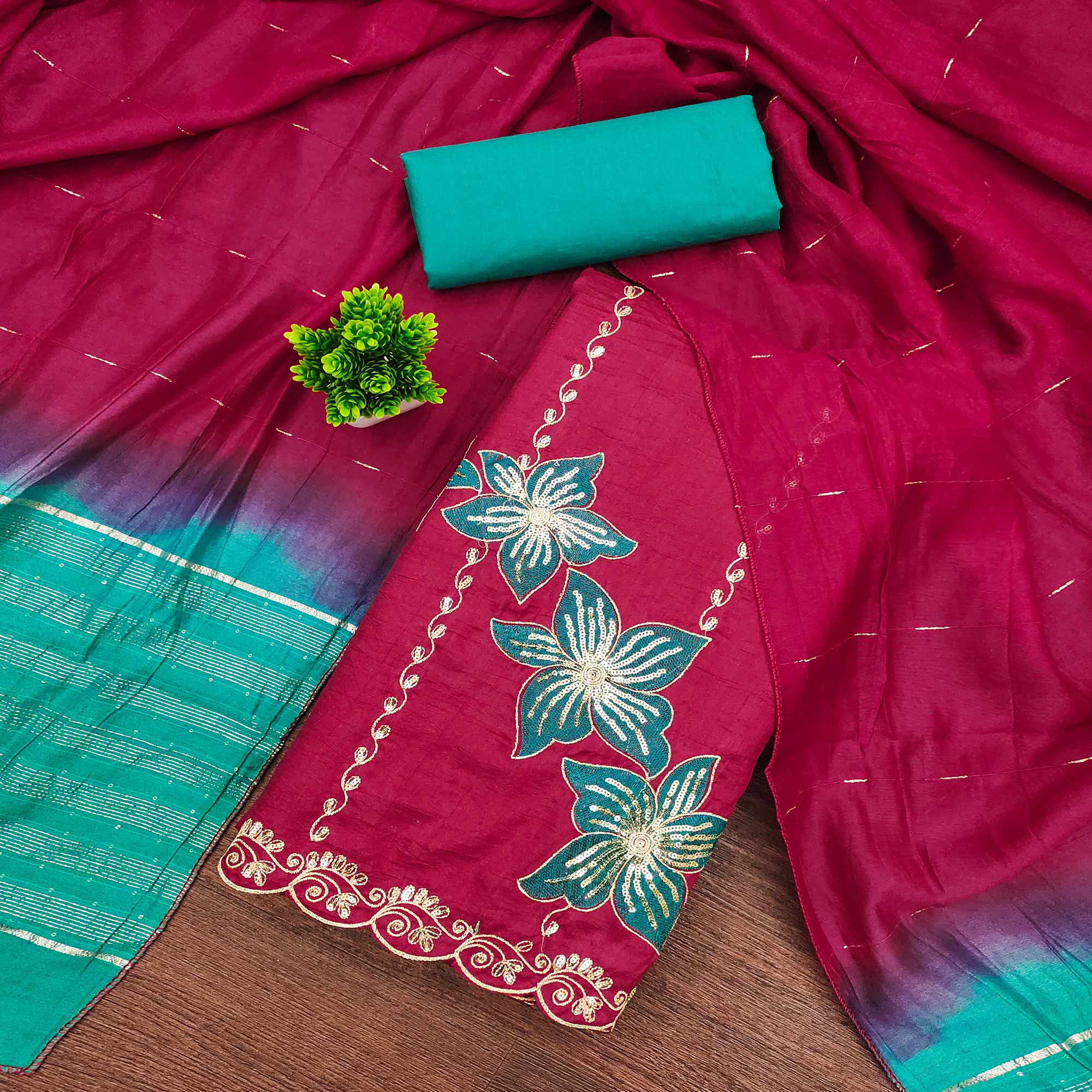 Pink Floral Sequins Embroidered Art Silk Dress Material