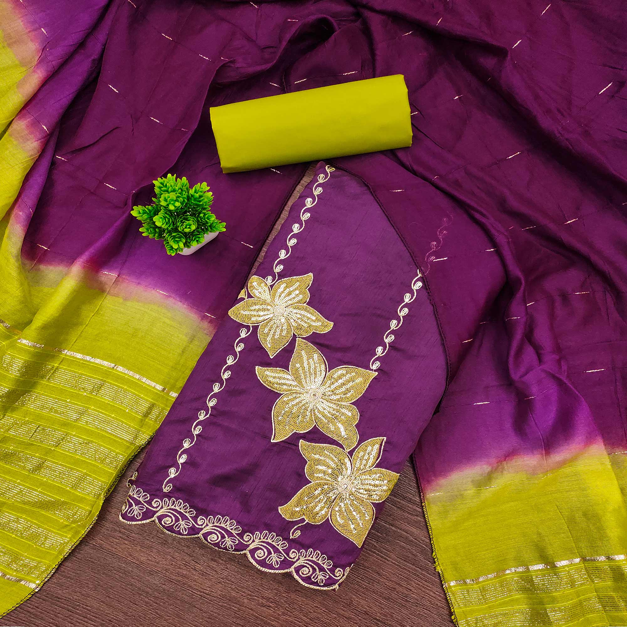 Purple Floral Sequins Embroidered Art Silk Dress Material