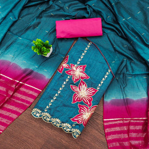 Rama Blue Floral Sequins Embroidered Art Silk Dress Material