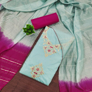 Blue Floral Sequins Embroidered Art Silk Dress Material