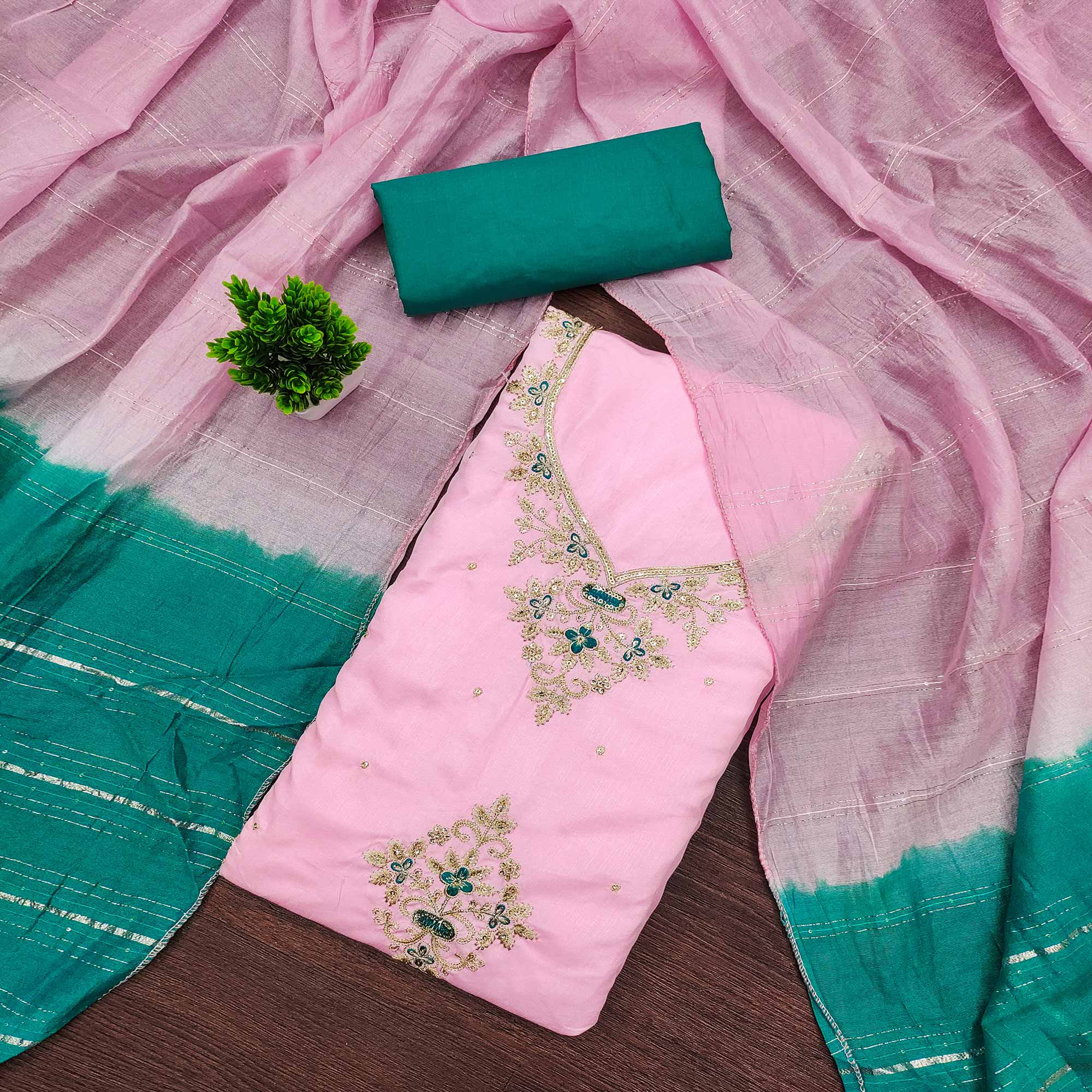 Pink Floral Sequins Embroidered Art Silk Dress Material