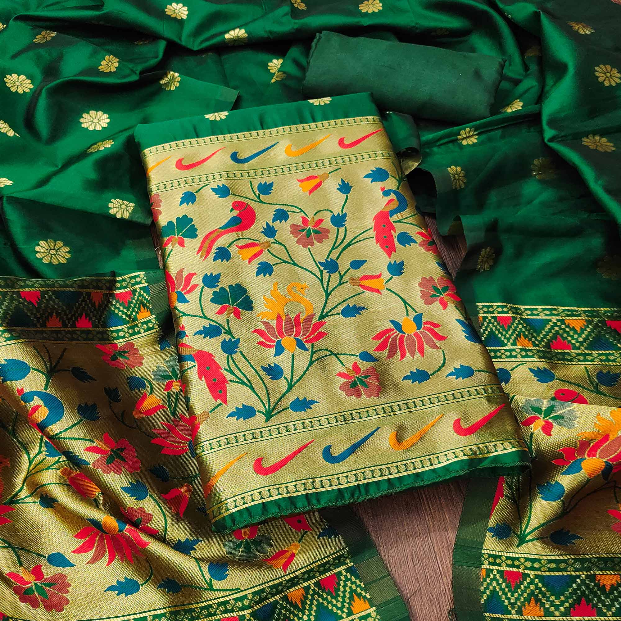 Bottle Green Floral Woven Paithani Banarasi Silk Dress Material